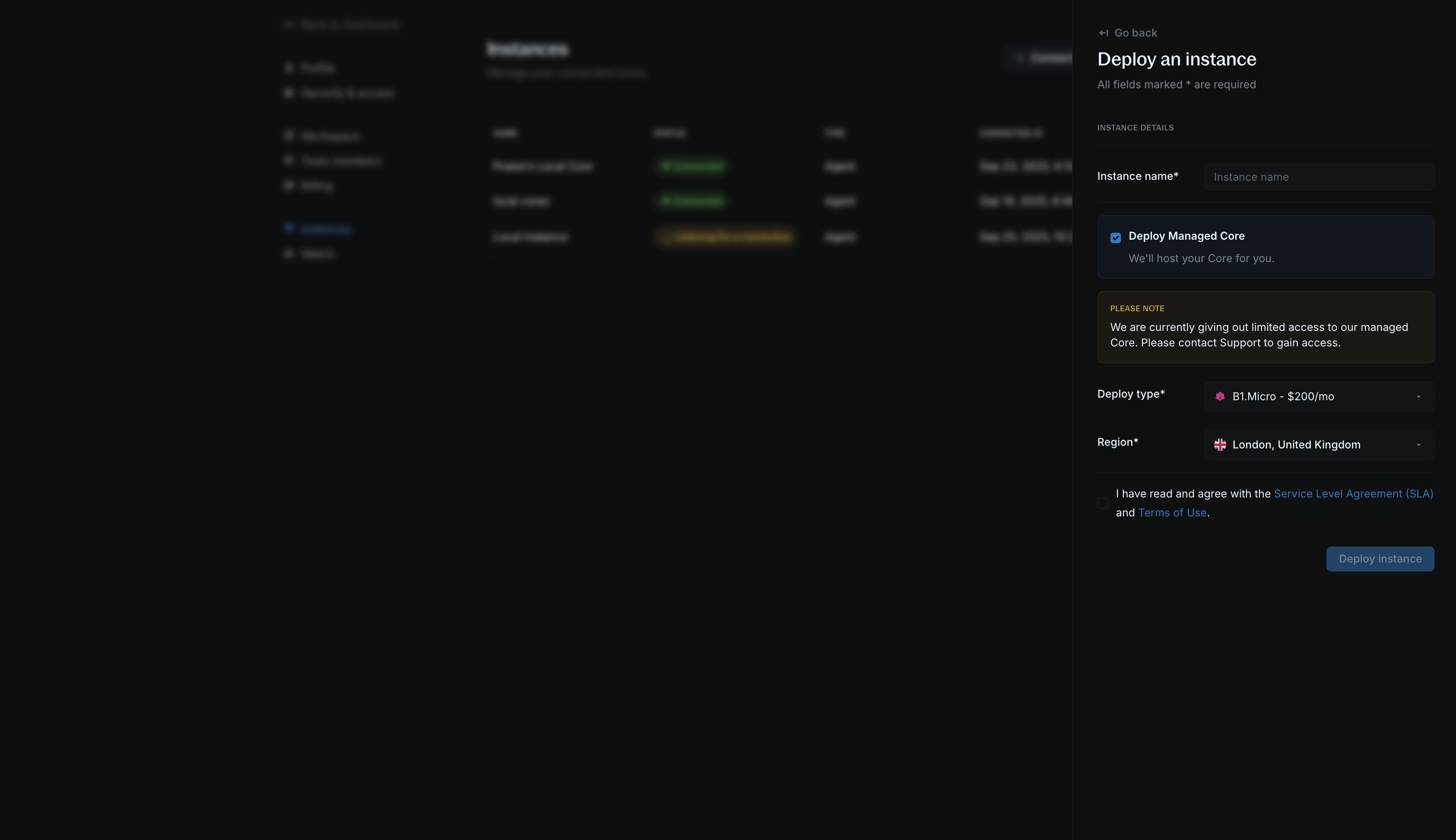 Instance creation form with Deploy managed Core option