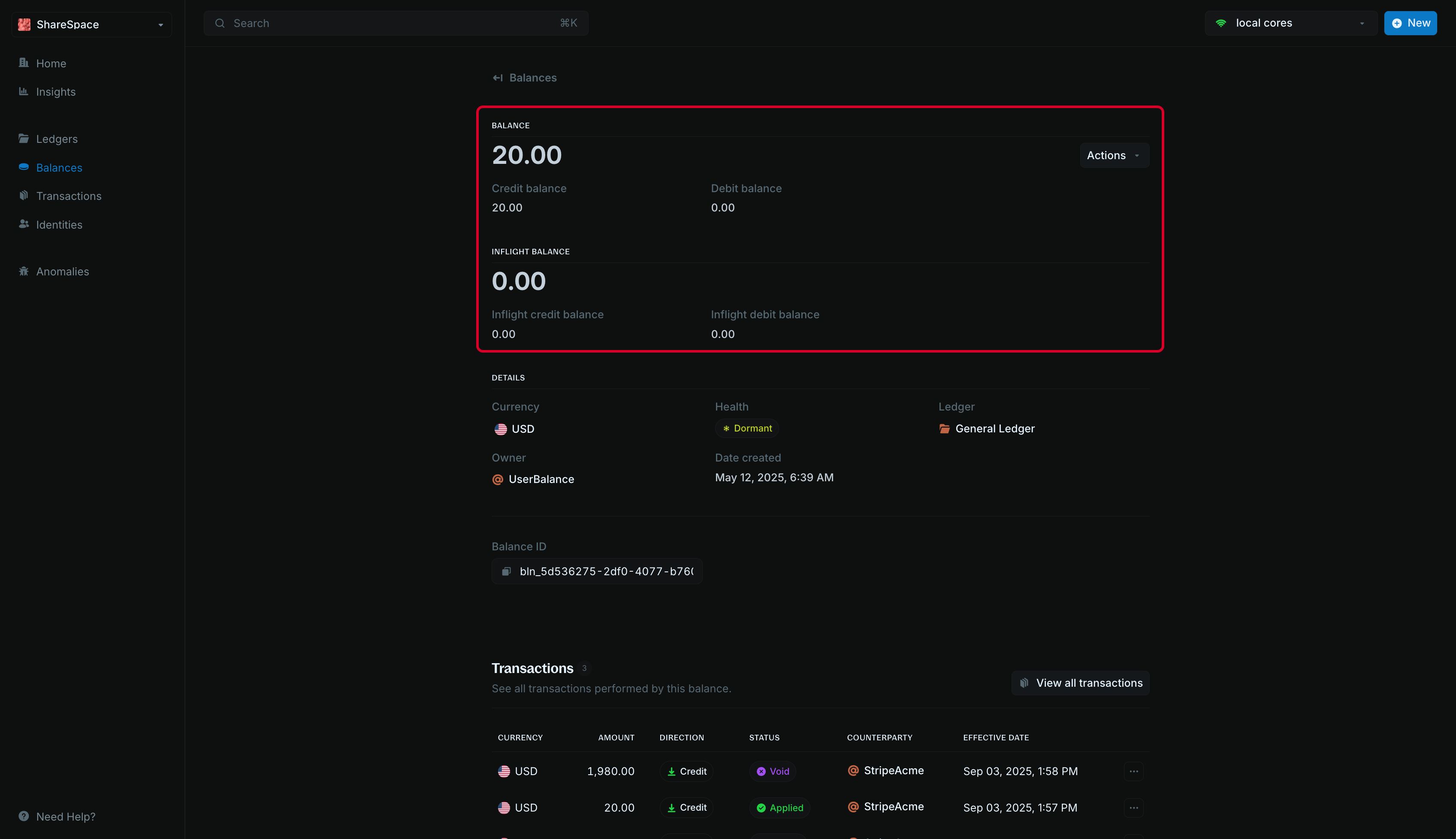 Balance details summary view