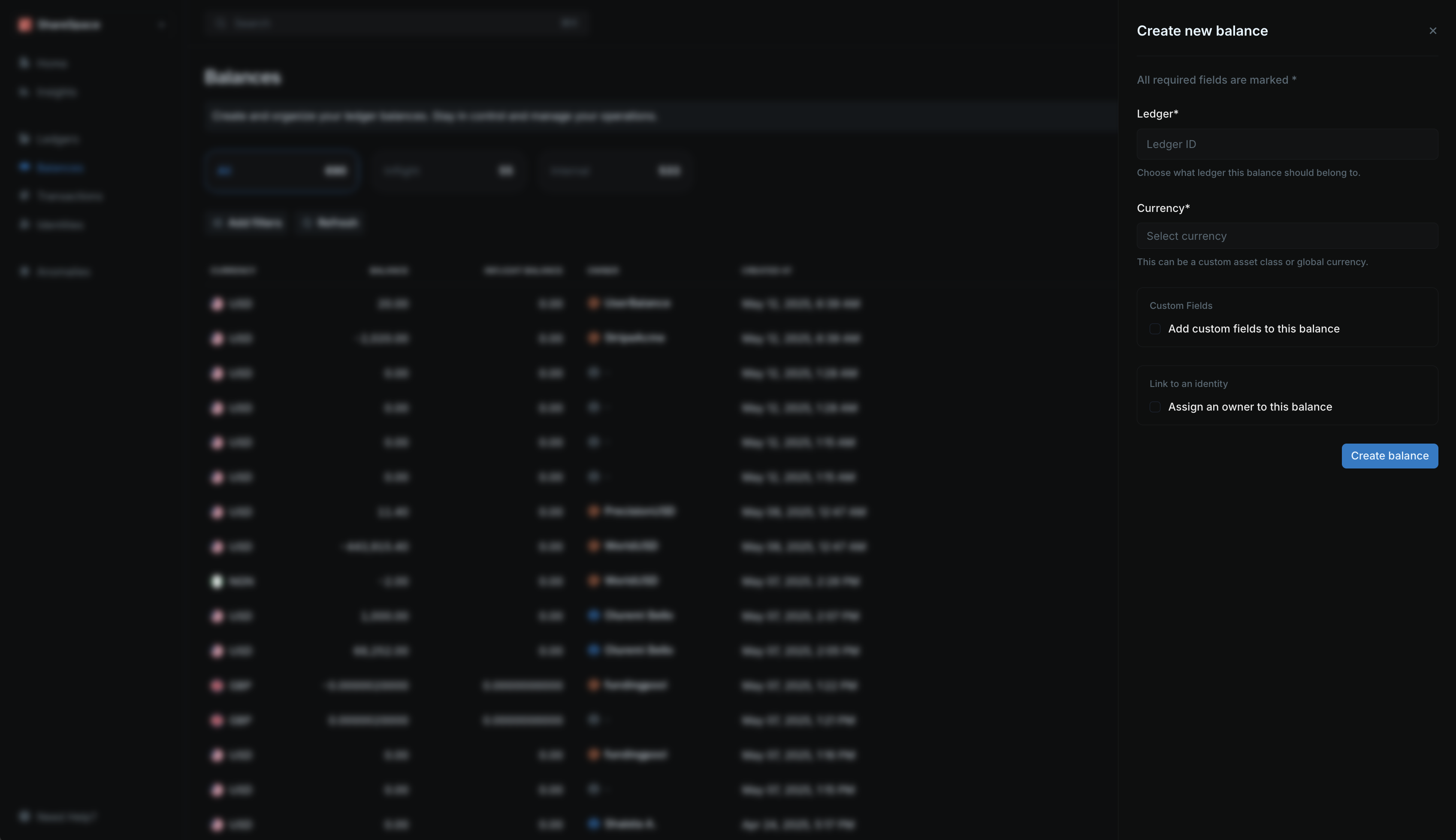 Create balance form with ledger selection and currency