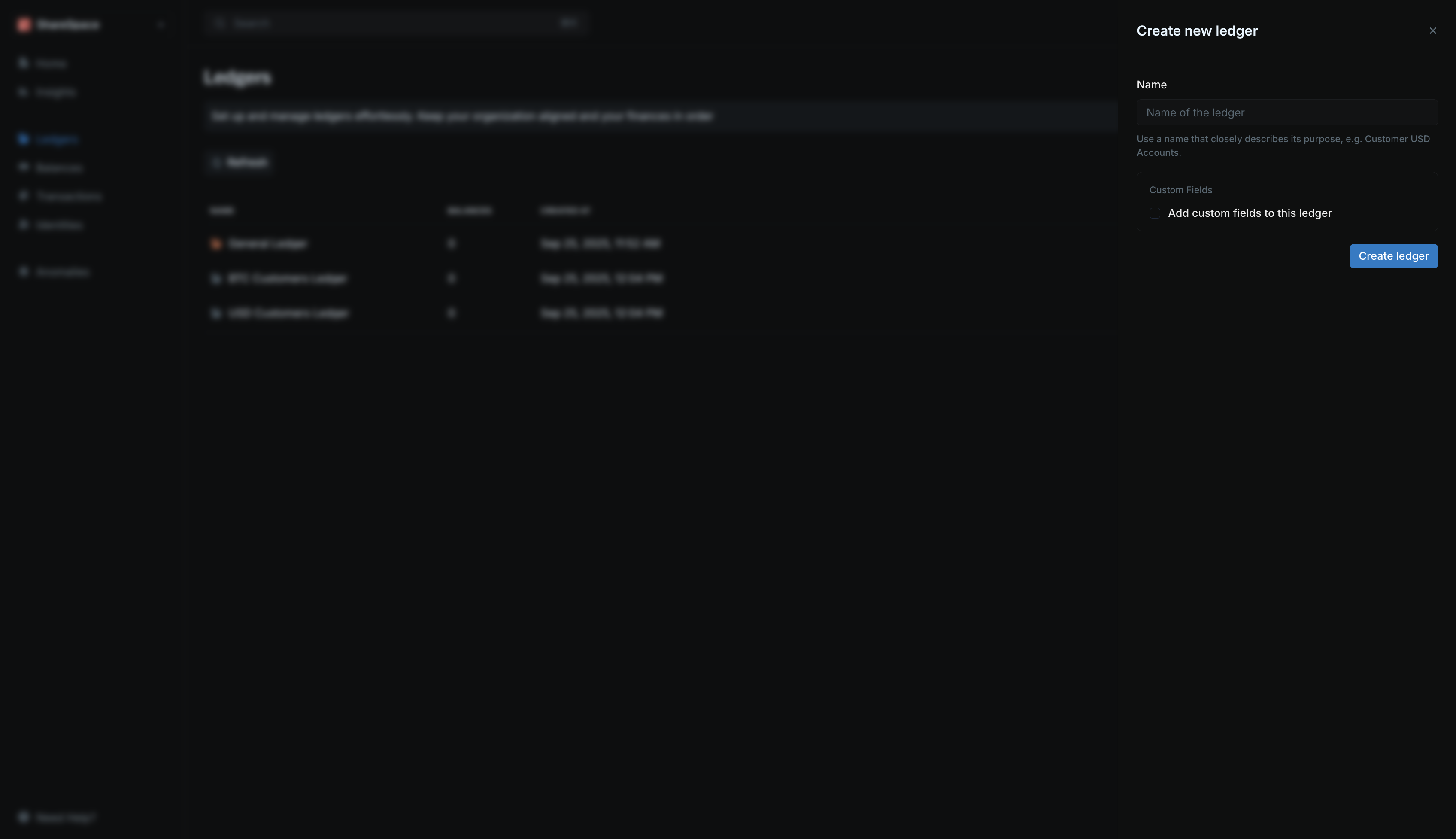 Create ledger form with name and custom fields
