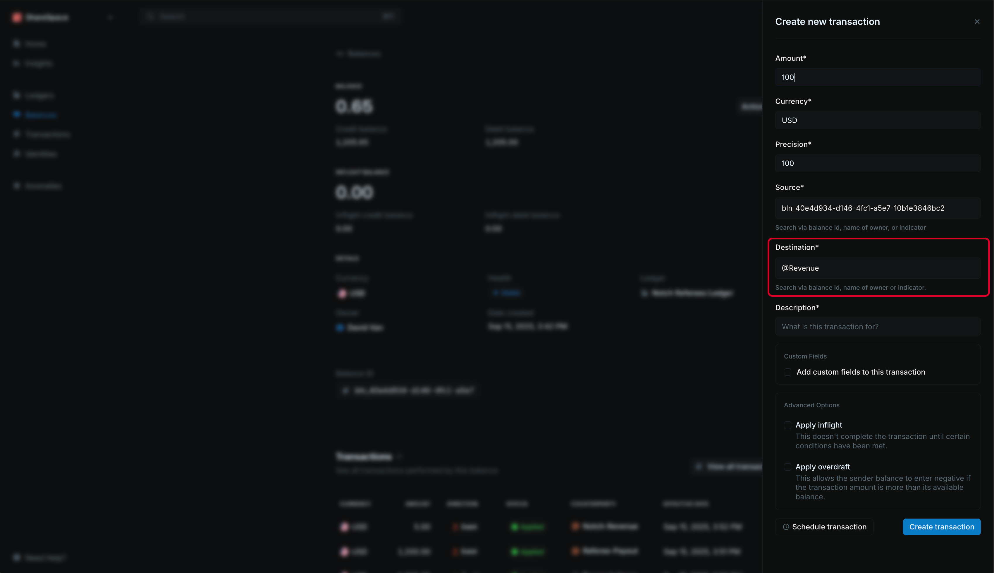 Creating a transaction with @Revenue or similar indicator