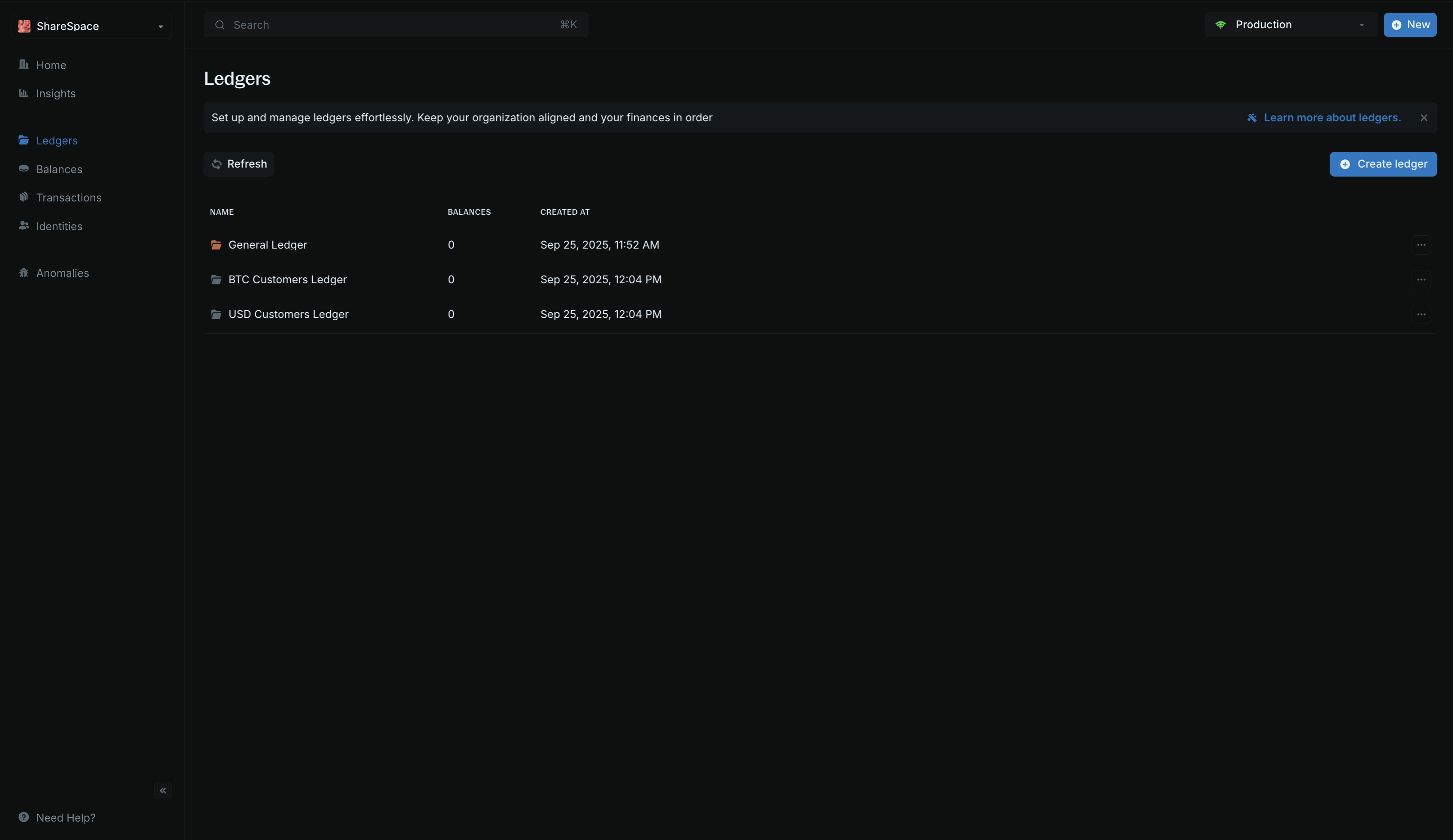 Ledgers table showing existing ledgers