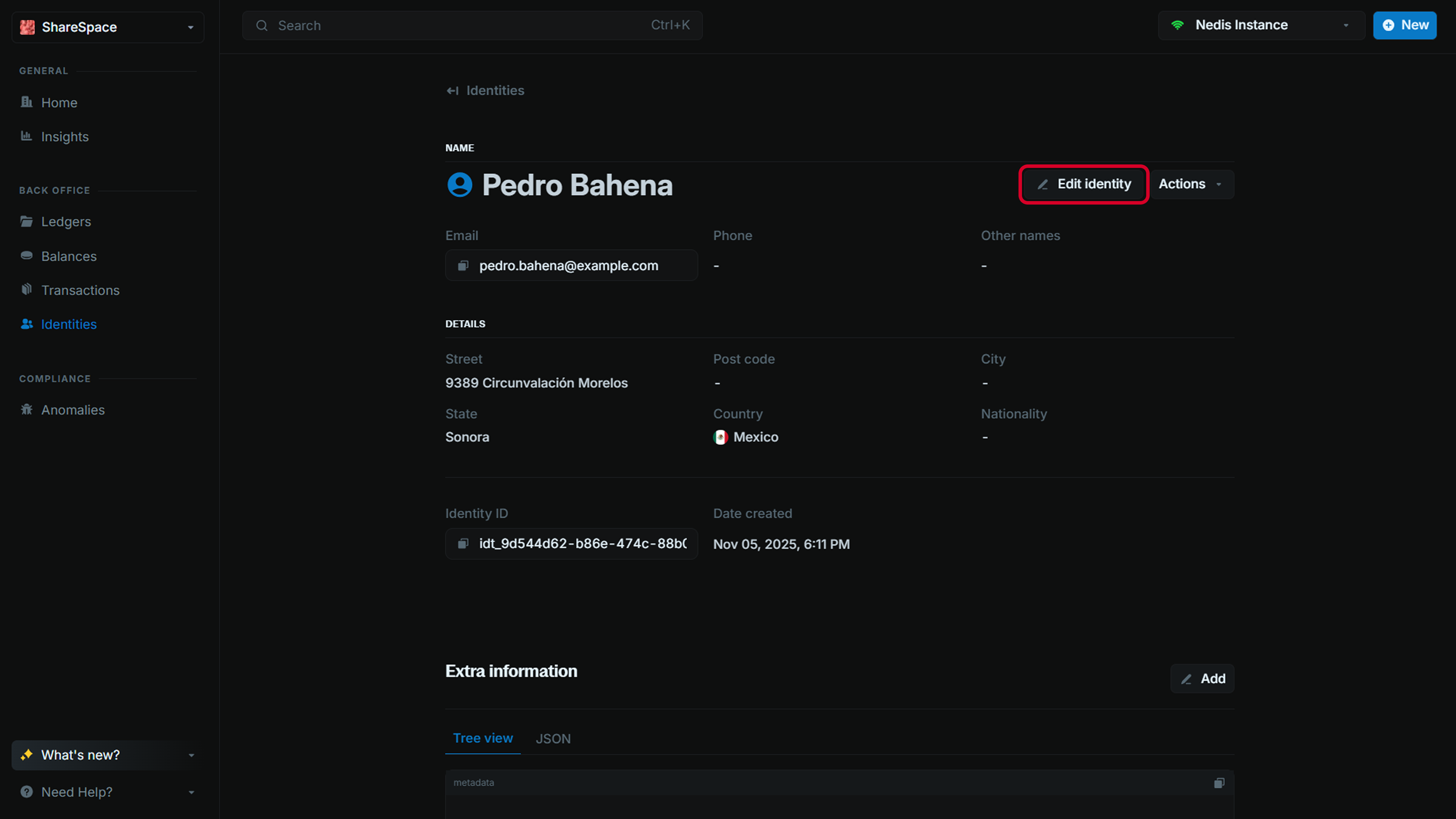 Edit identity button highlighted on the identity details page