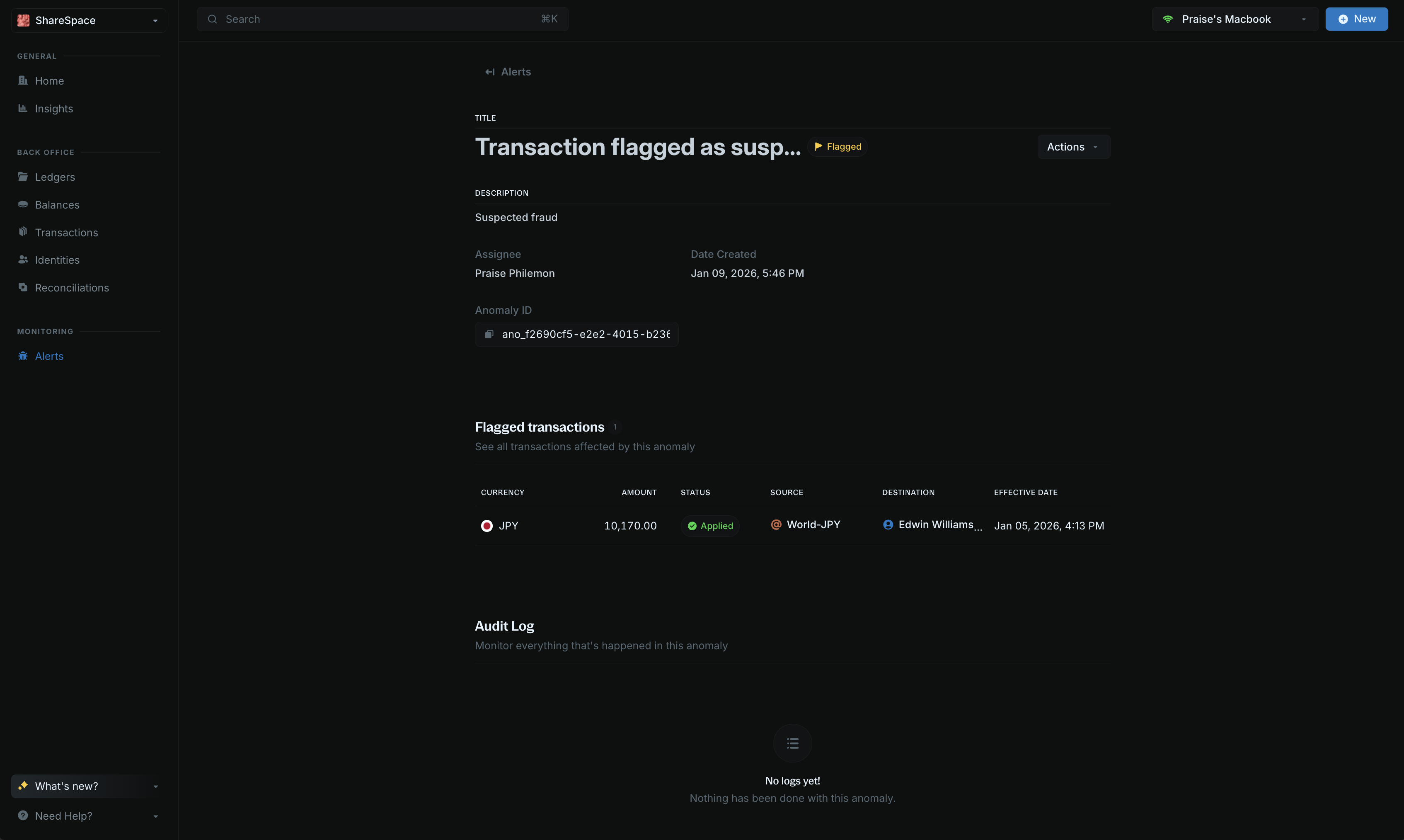 Alert full details page showing flagged records and audit log