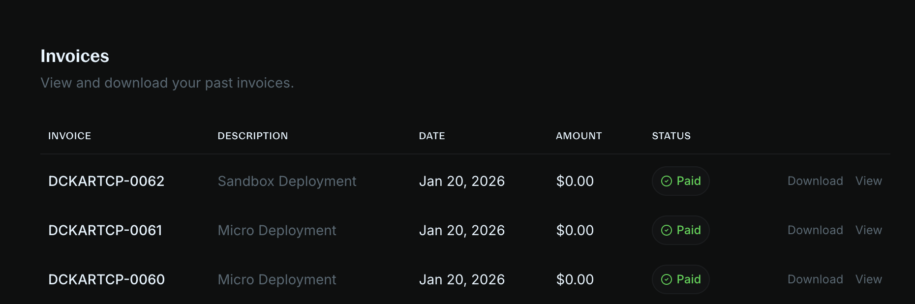 Billing page showing subscriptions and invoices tables
