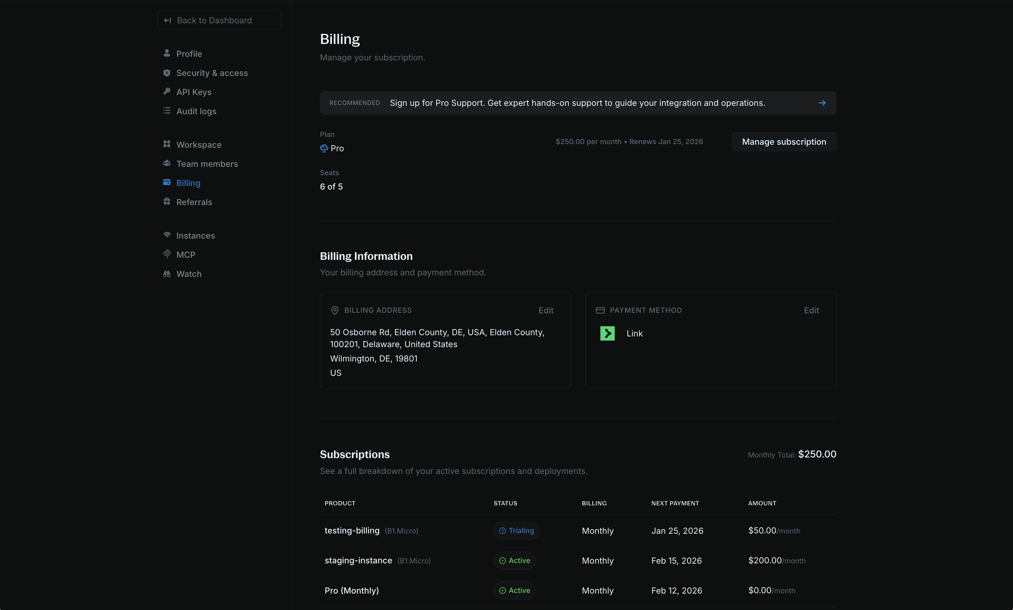 Billing page showing subscription plan details, billing information, and active subscriptions table