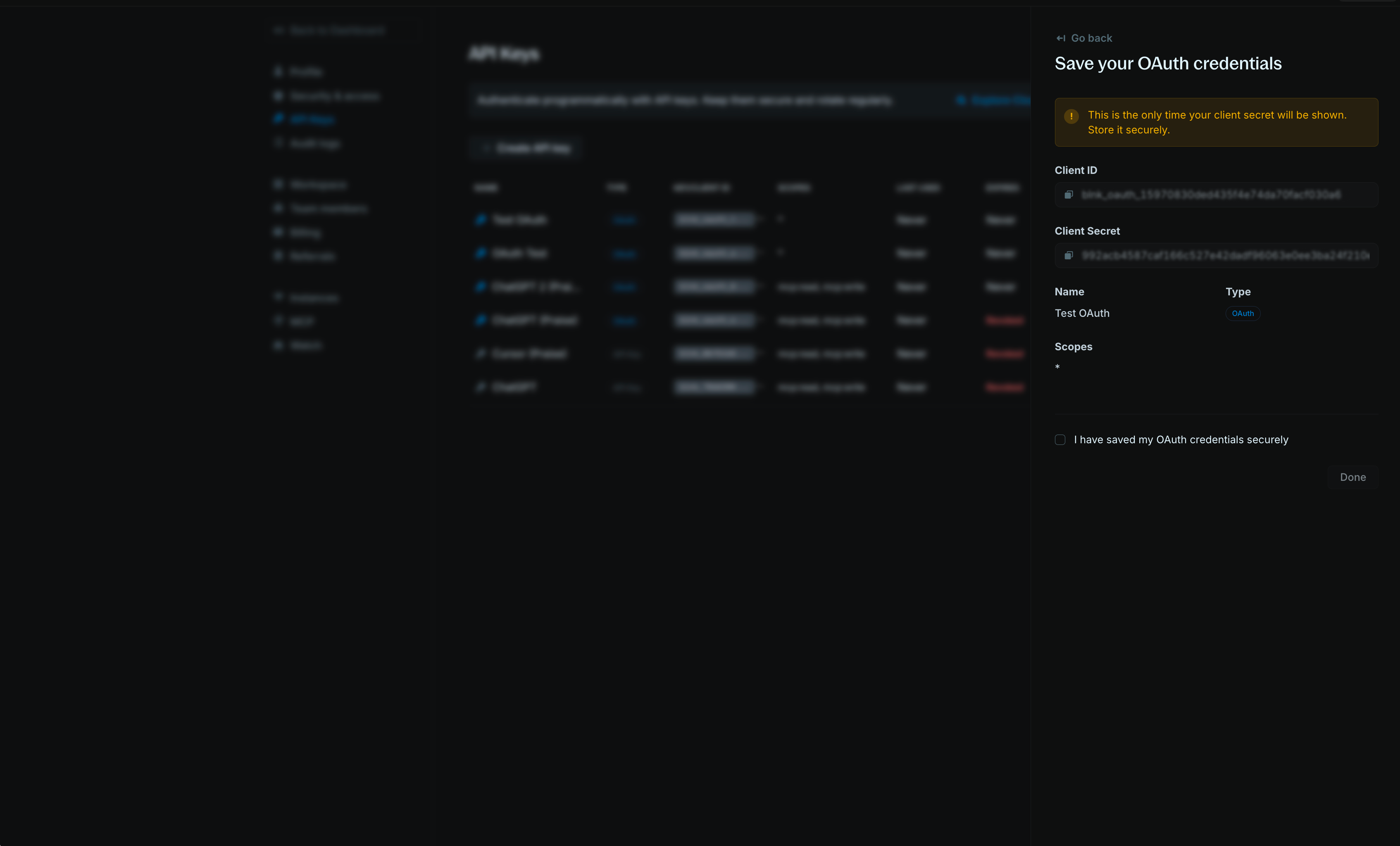 OAuth credentials panel showing Client ID, Client Secret, and warning to store credentials securely
