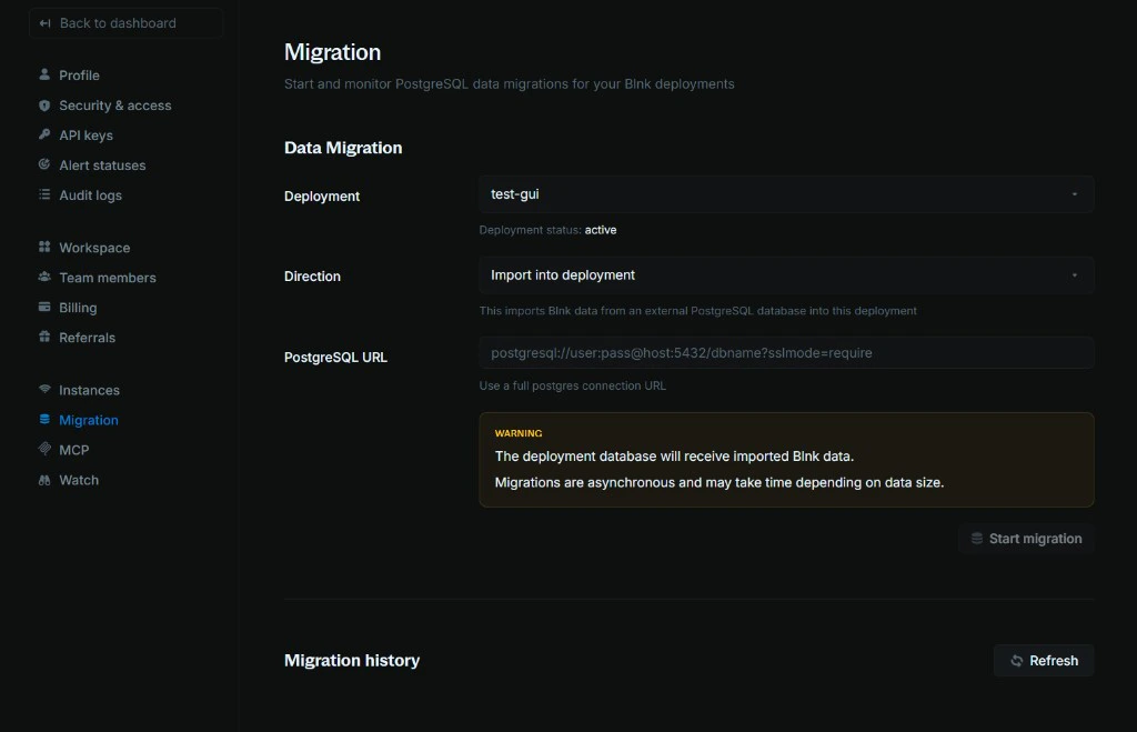 Migration page showing the Data Migration form and Migration history table