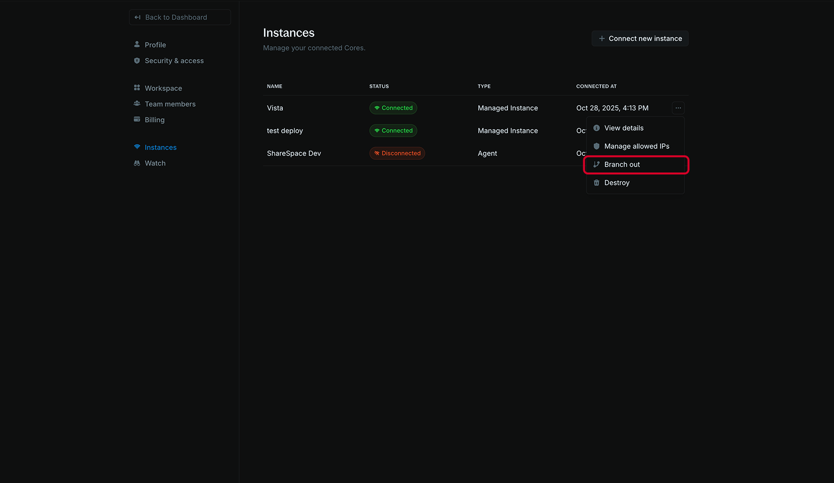 Instance actions menu showing Branch out option