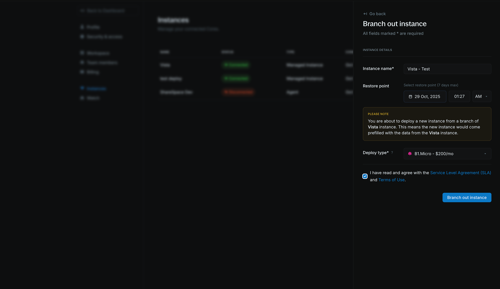Branch out form with instance name and restore point fields