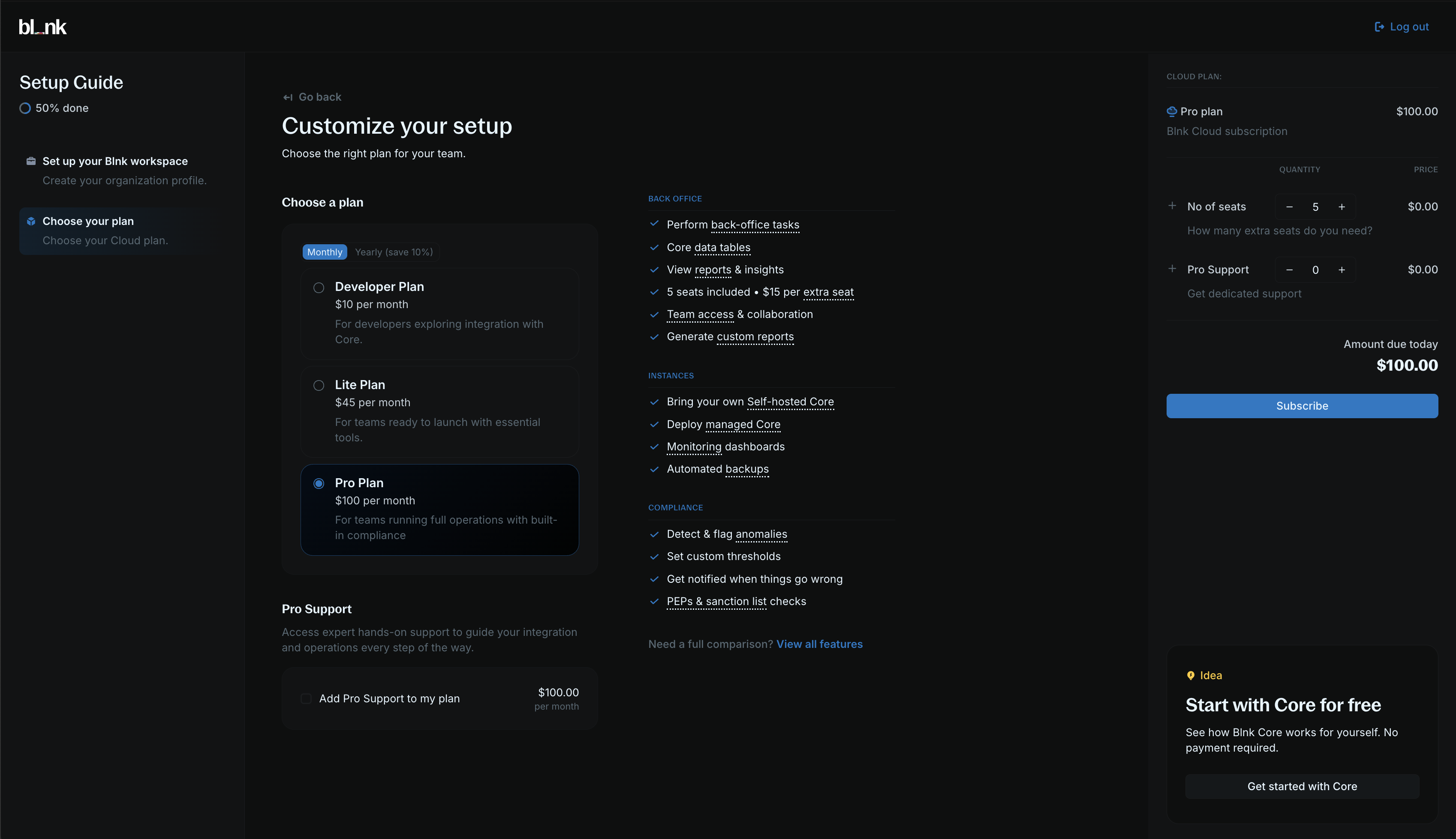 Comparison of Blnk Cloud plans: Developer, Lite, and Pro