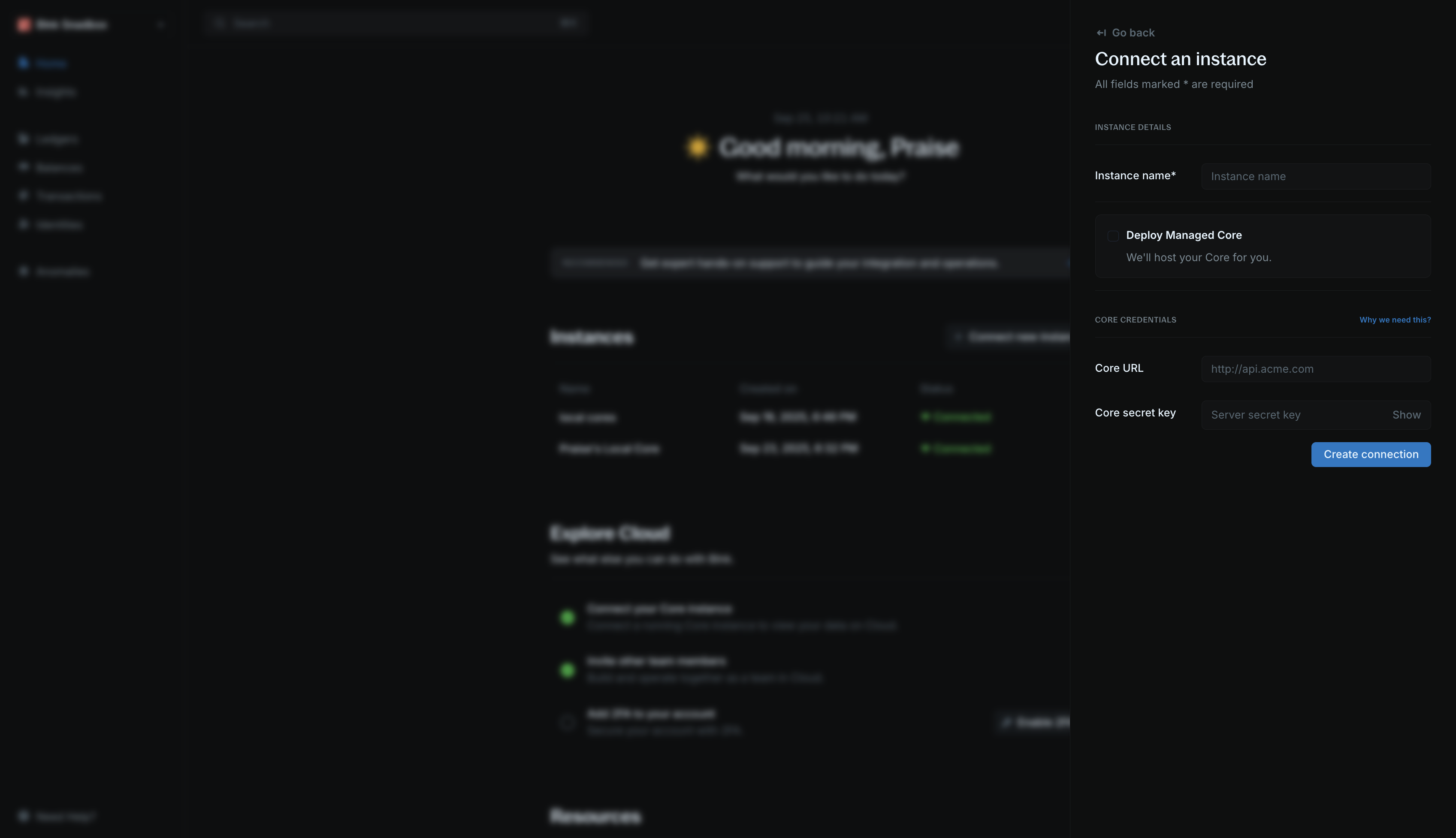 Connect instance form with instance name, core URL, and secret key fields