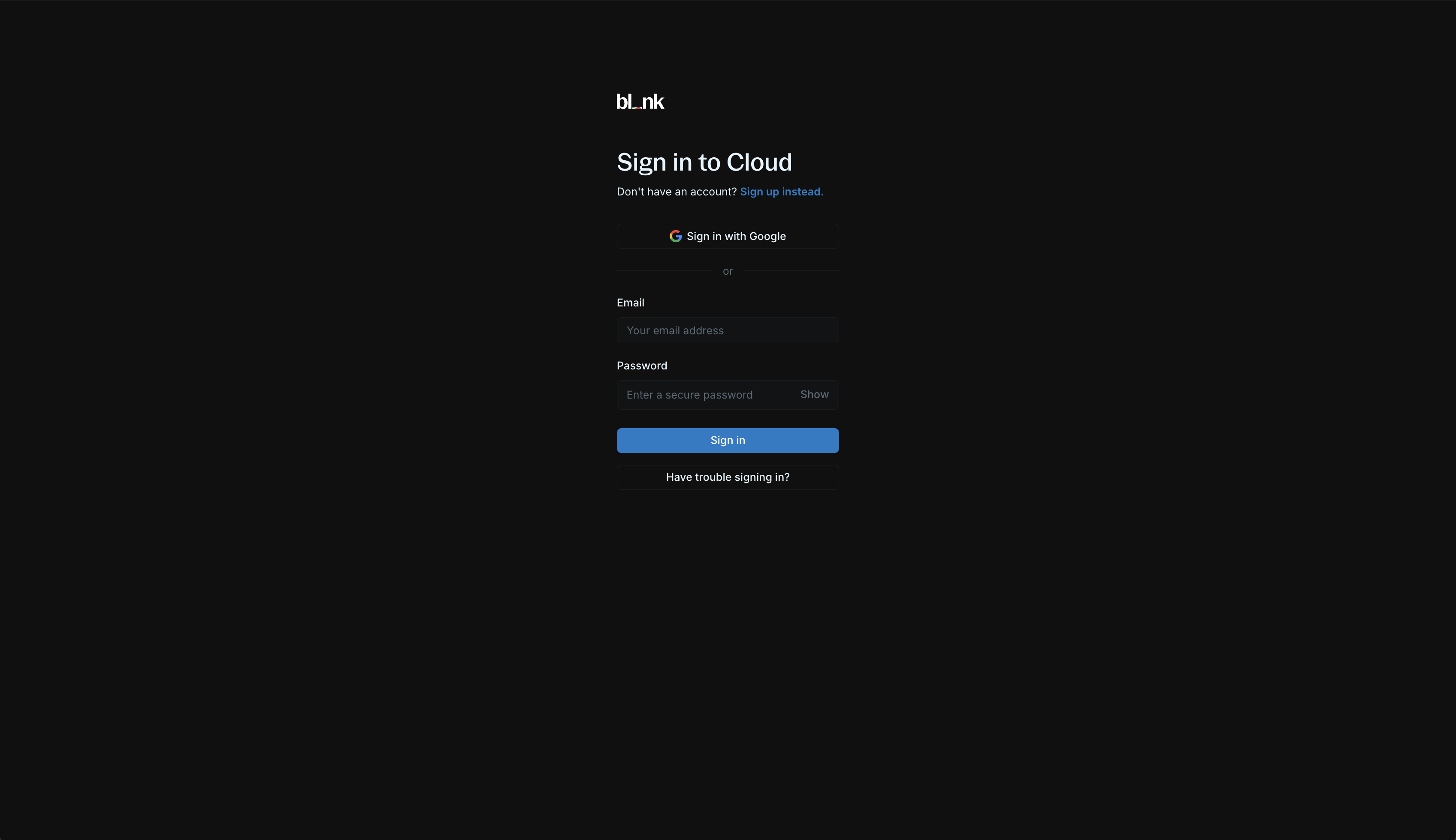 Blnk Cloud sign-up and login page