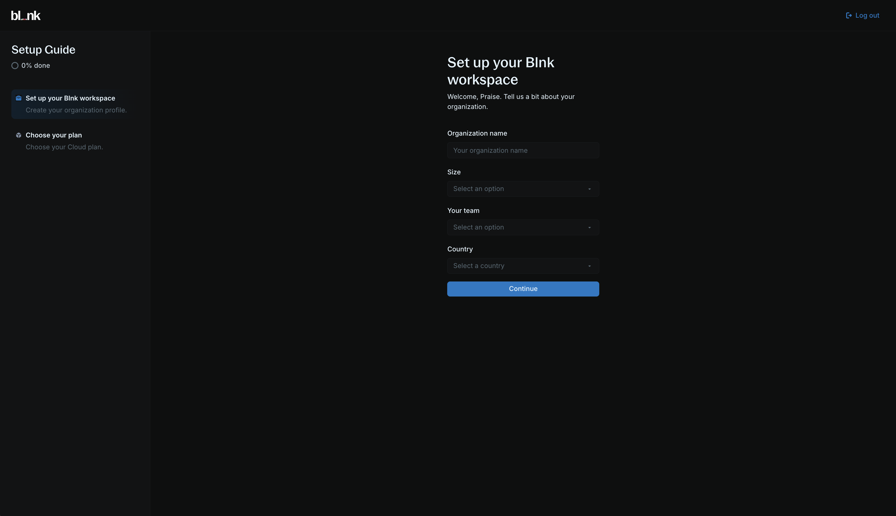 Workspace setup form with organization details