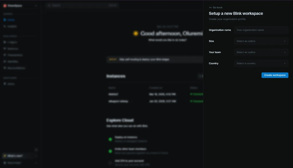 Setup a new Blink workspace form with organization name, size, team, and country fields