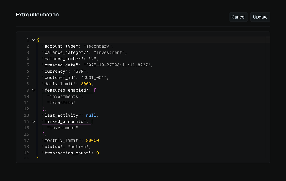 Metadata code editor interface for adding and editing custom data
