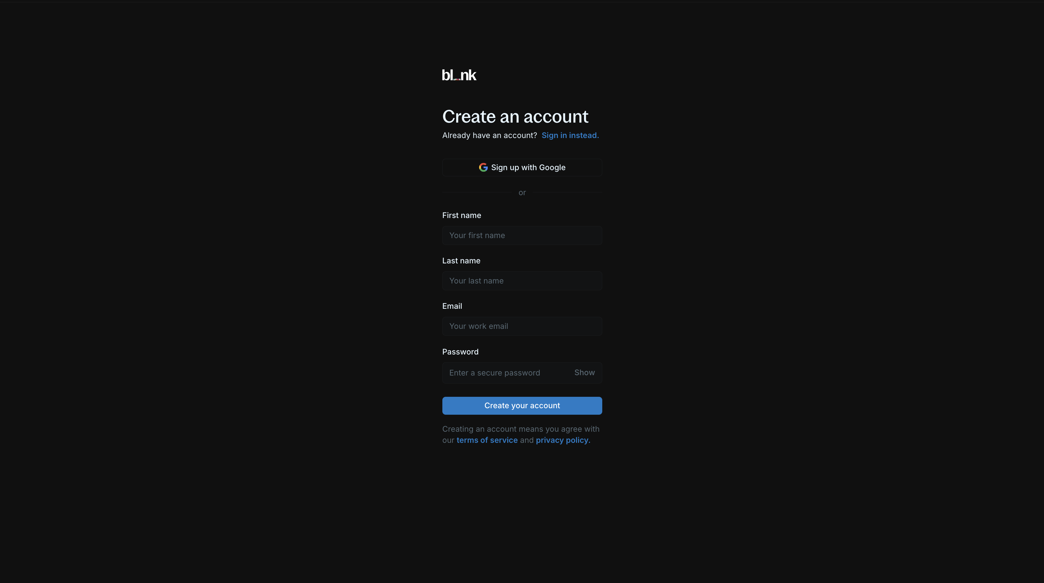 Create new account | Blnk Cloud