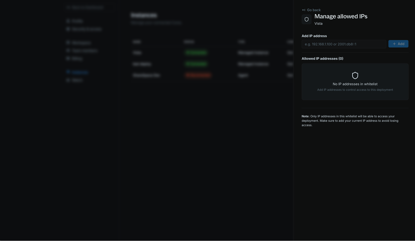 Empty IP whitelist state showing no addresses configured