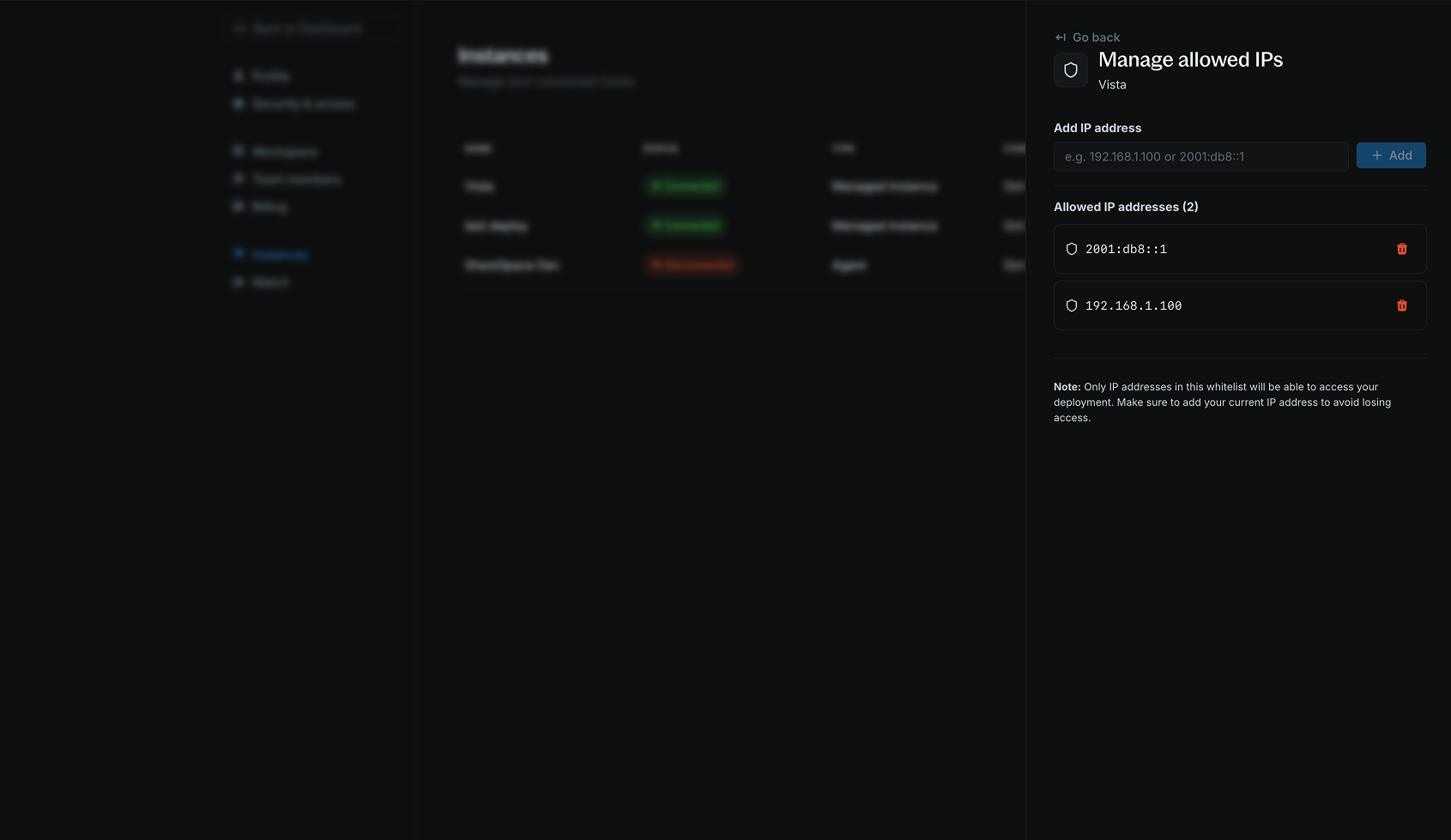 IP whitelist management interface showing allowed IP addresses