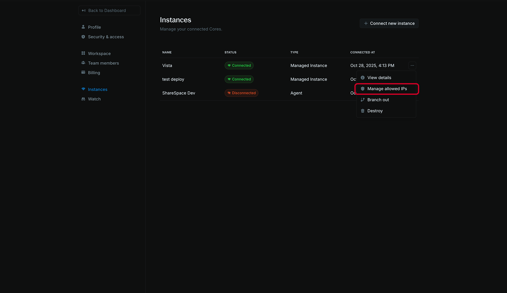 Instance actions menu showing Manage allowed IPs option