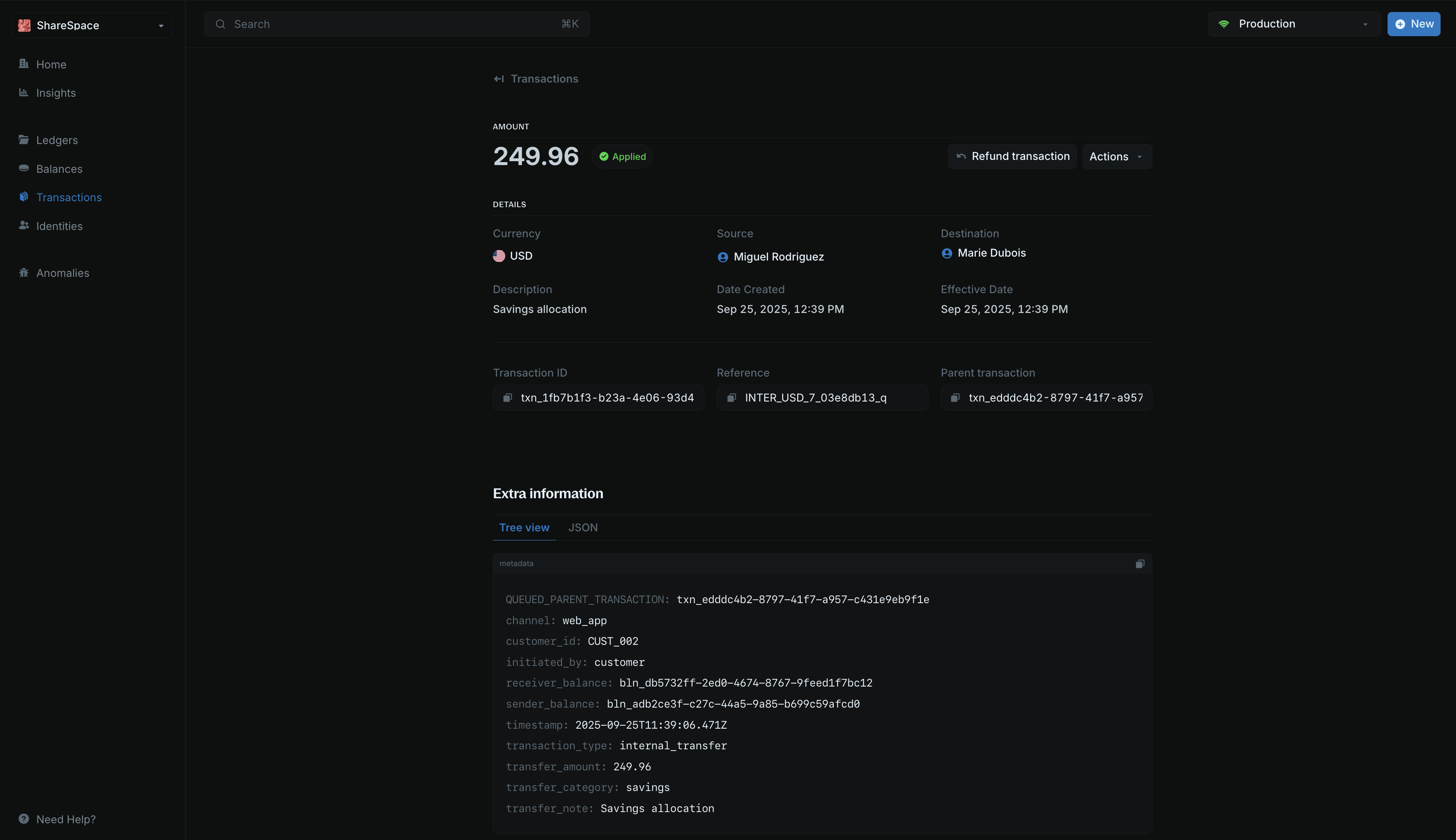 Main transaction details page layout