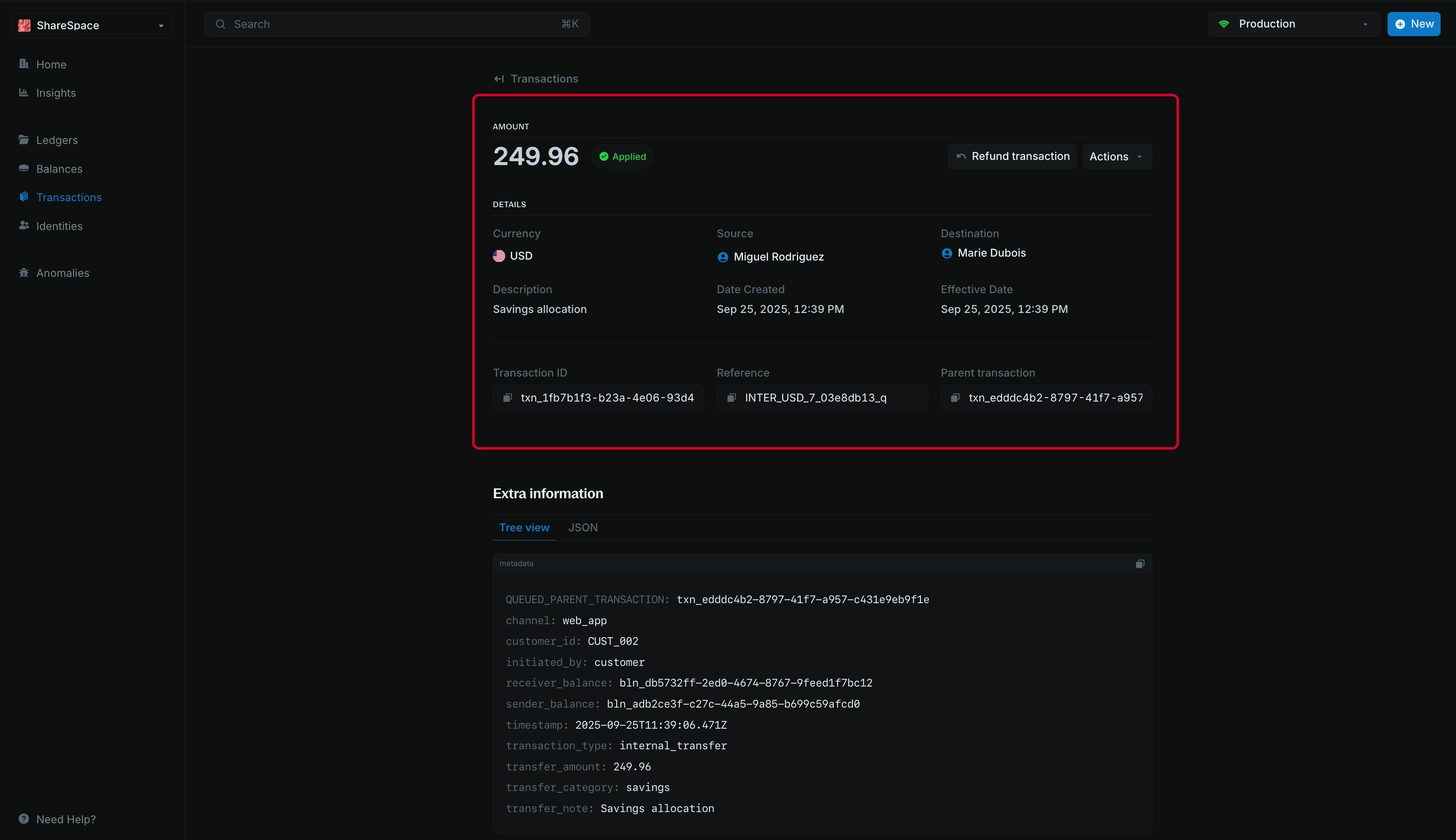 Transaction information section with all fields