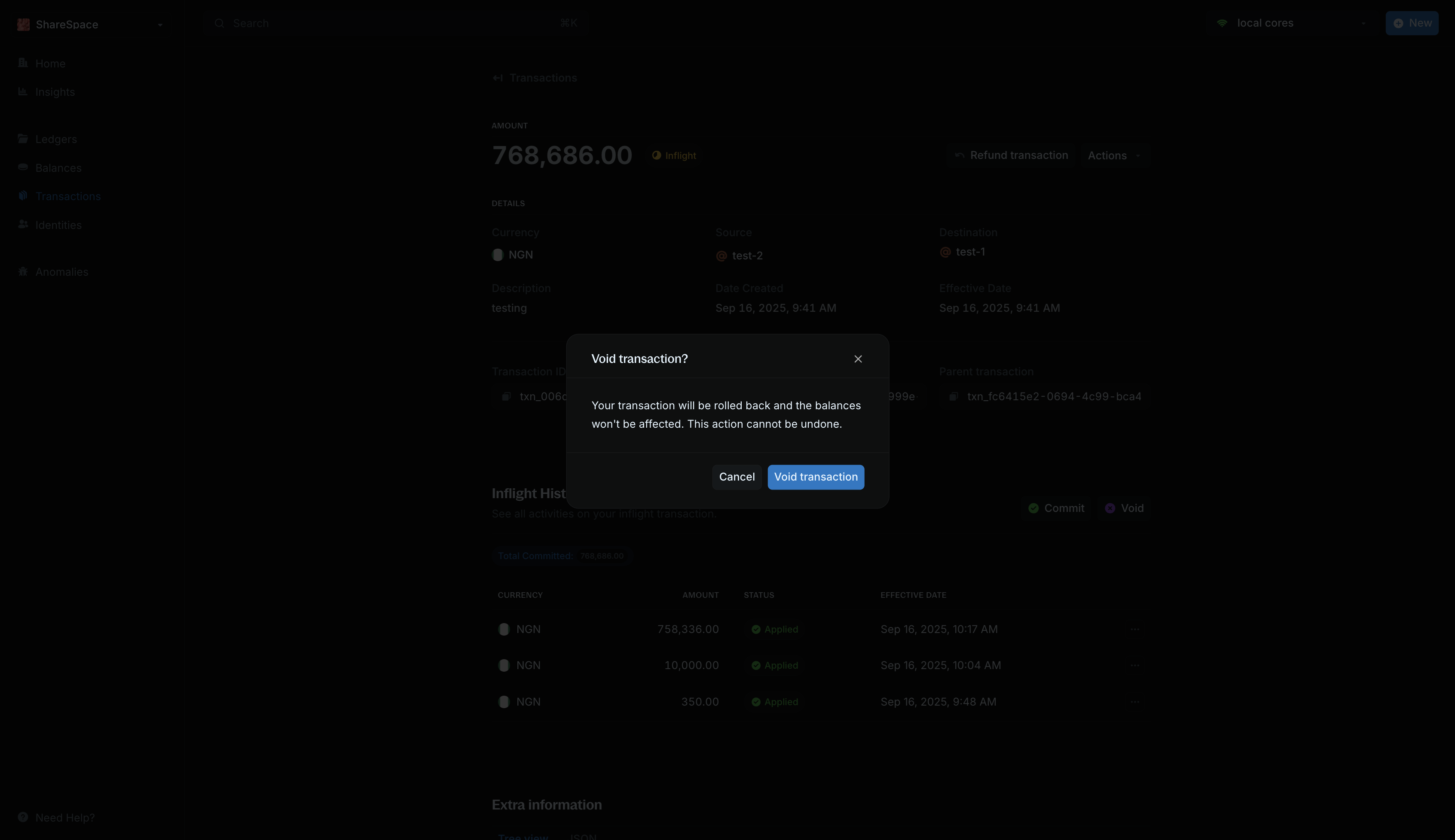 Void transaction confirmation modal