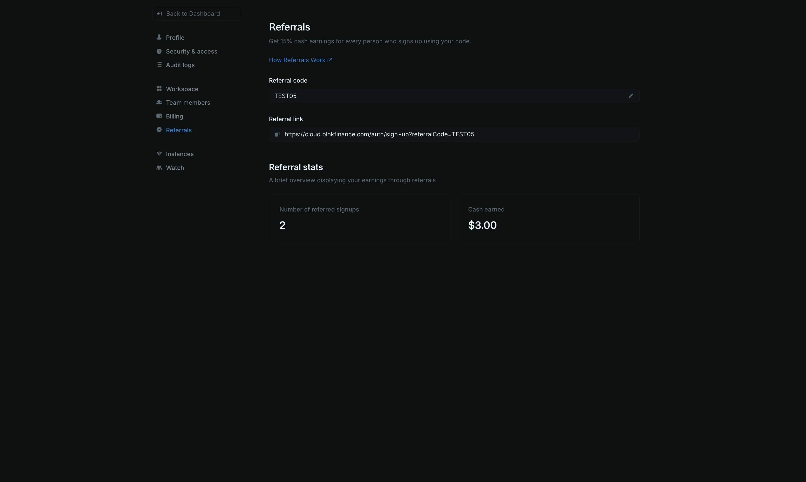 Referrals page showing referral code, referral link, and referral stats
