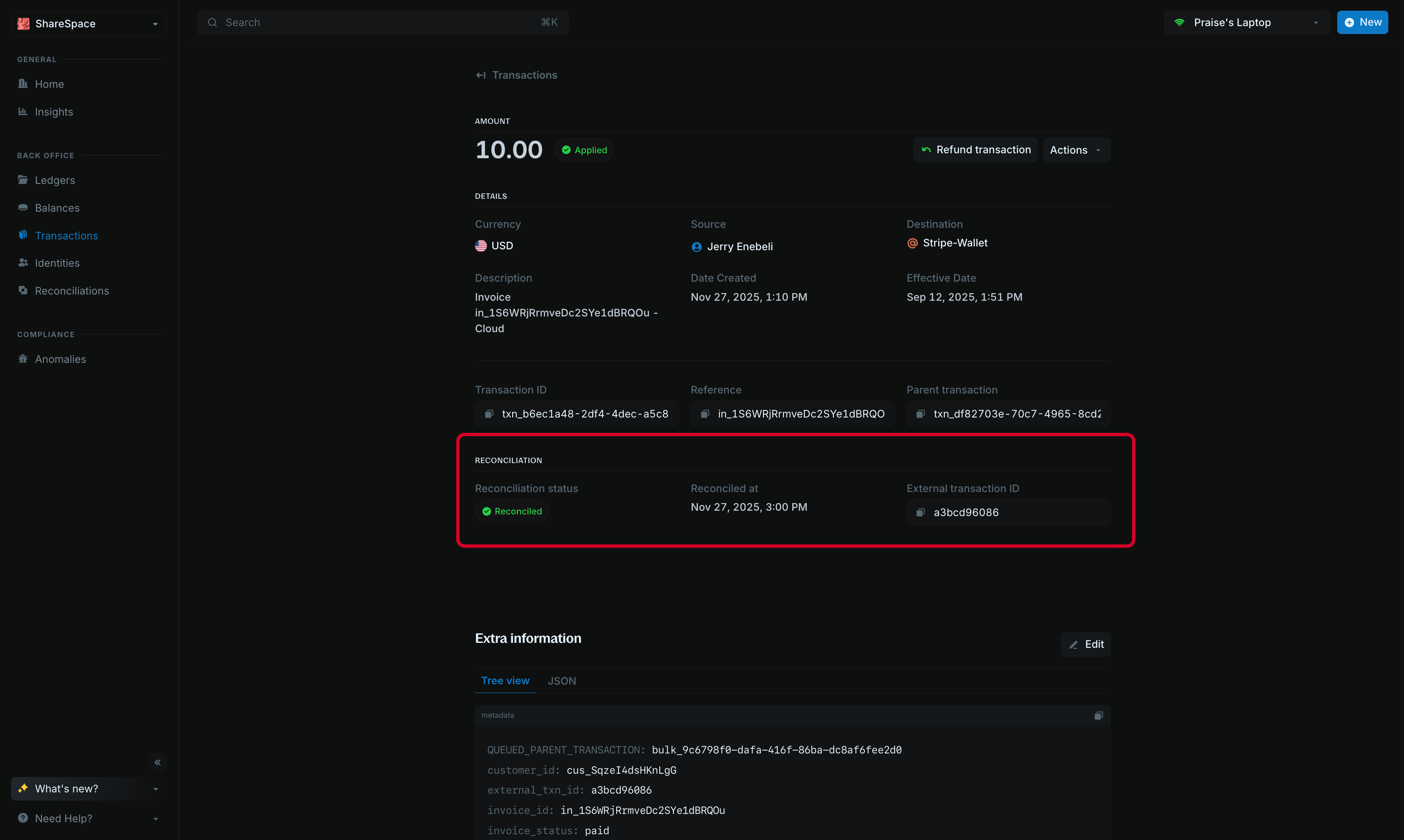 Reconciliation matched transactions