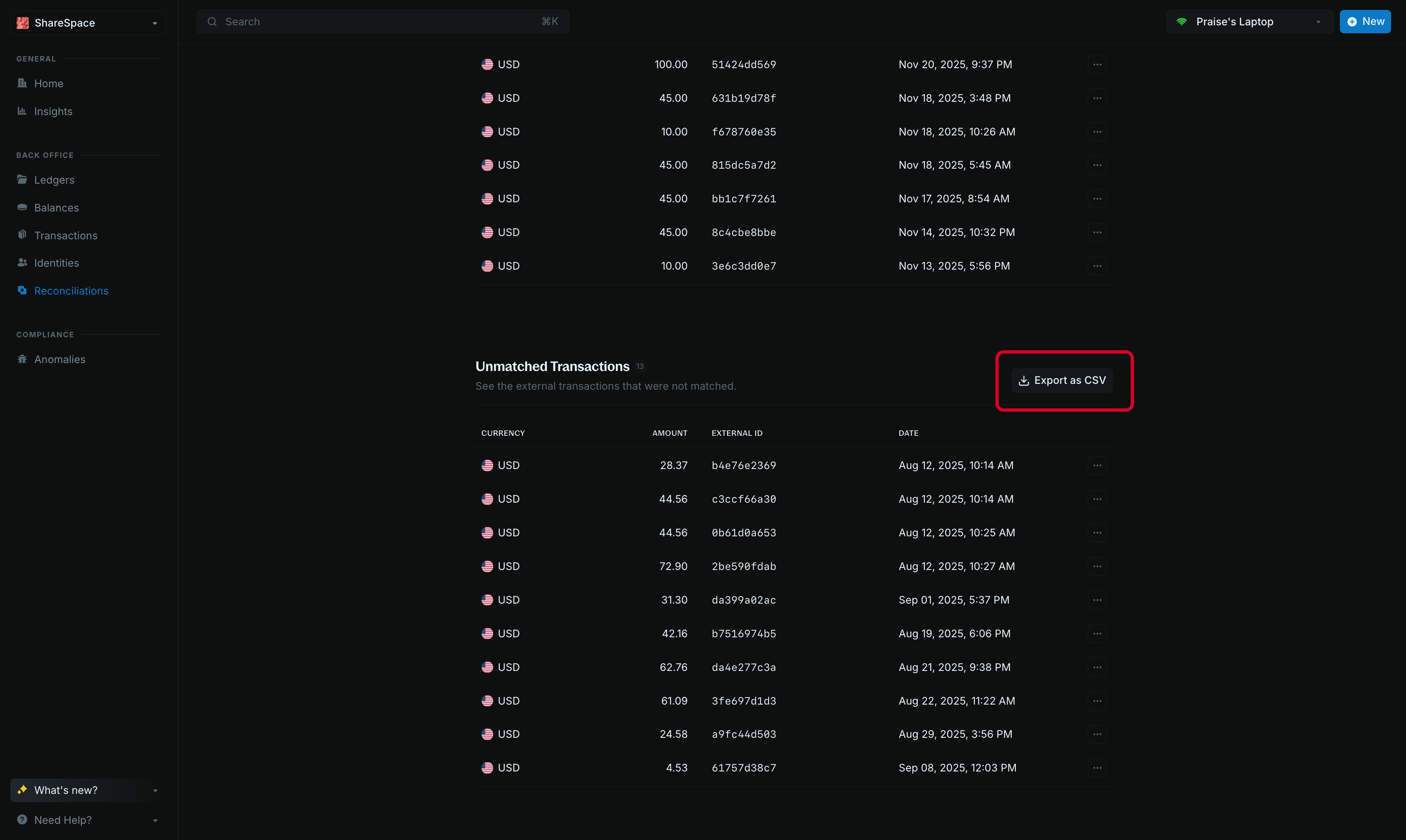 Unmatched transactions
