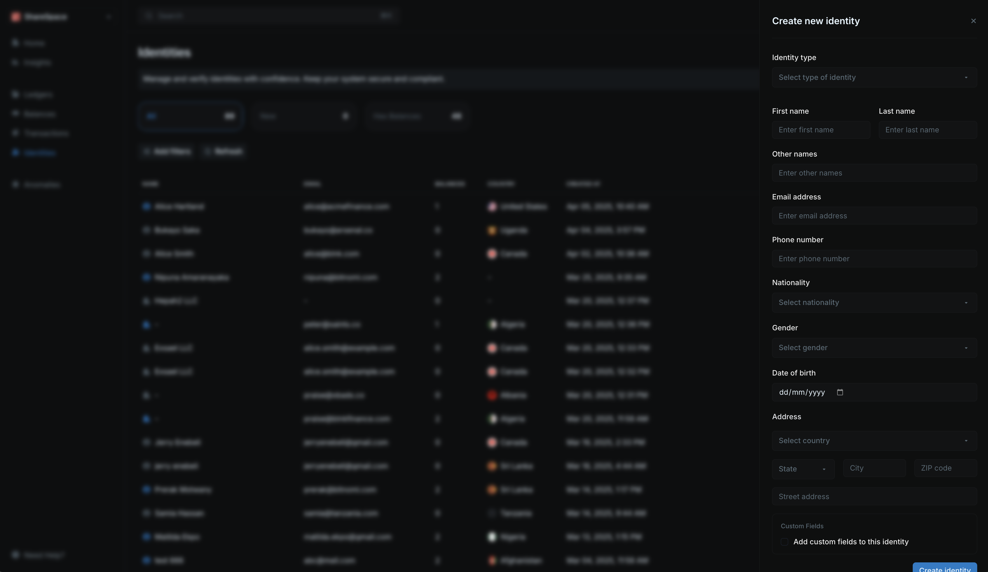 Create identity form with individual/organization type selection