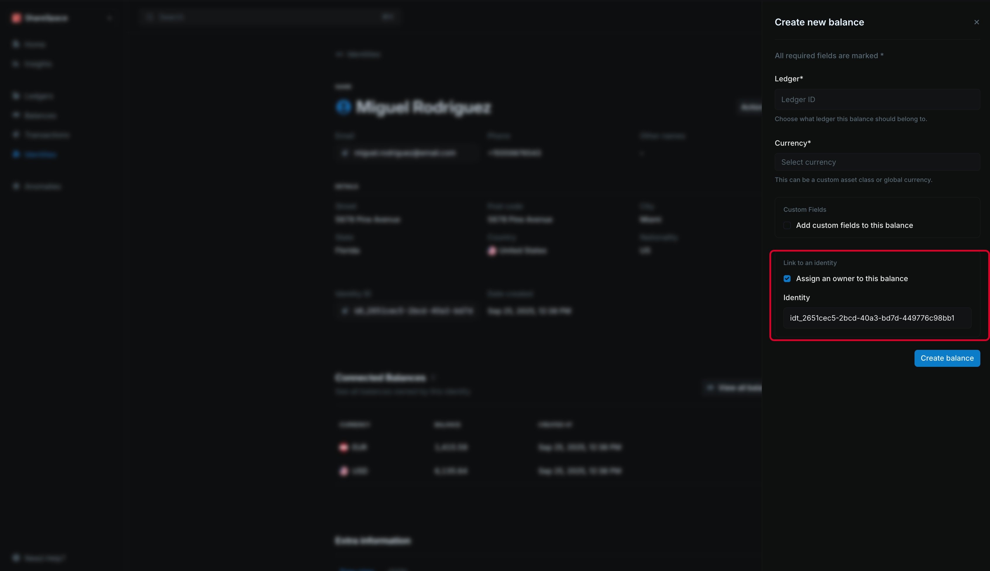 Create balance form with prefilled identity ID