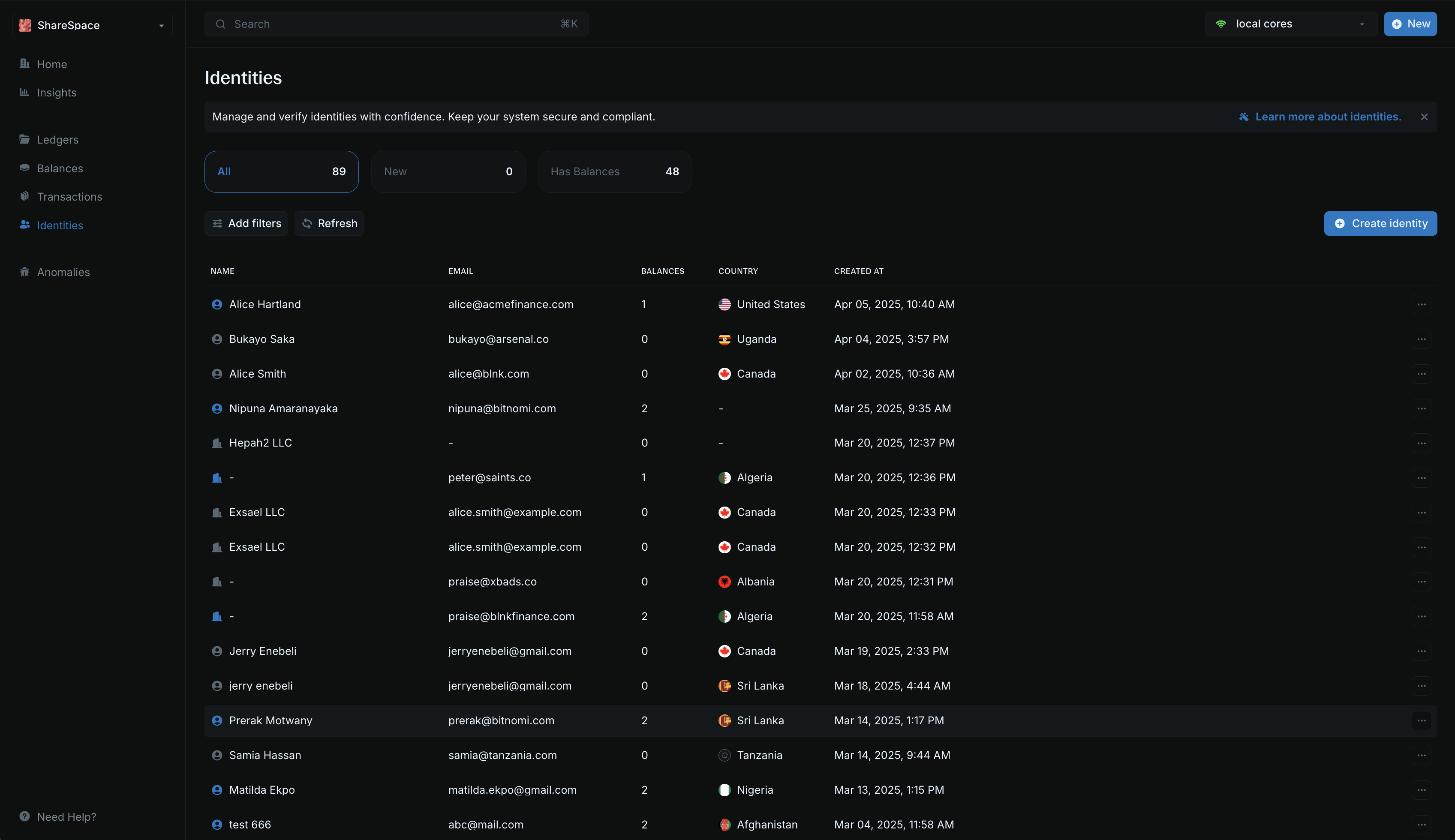 Identities table showing all identity information