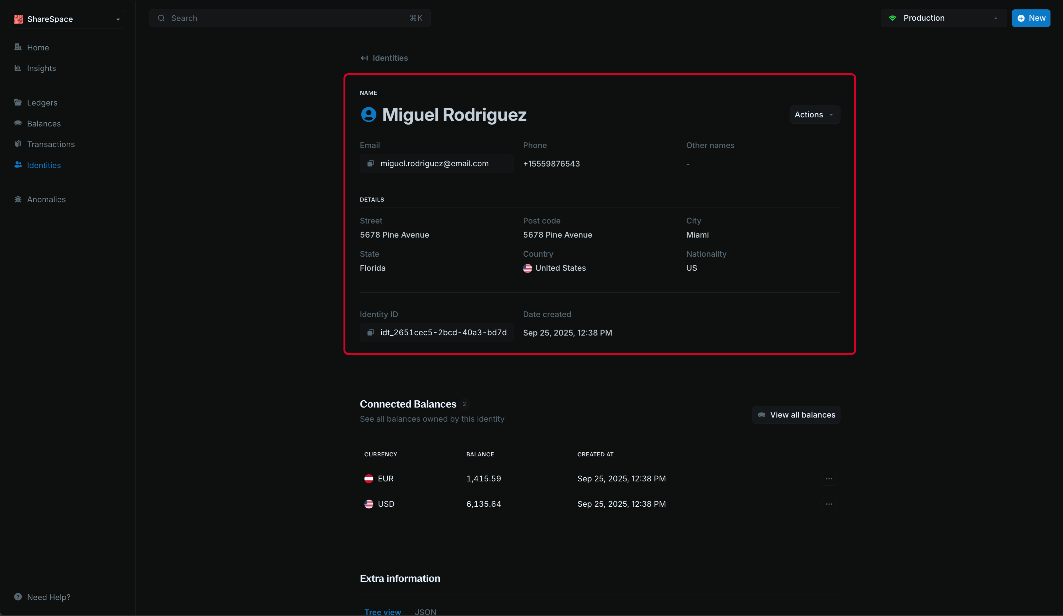 Identity summary section with all details