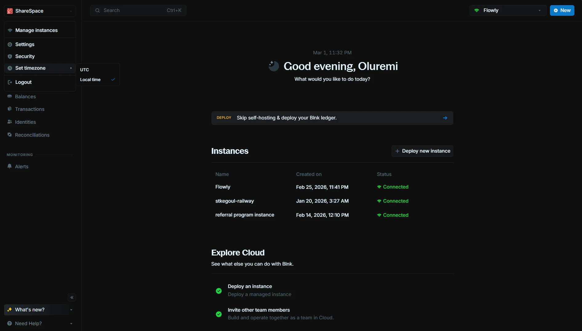 Sidebar with Settings expanded showing Set timezone option with UTC and Local time choices