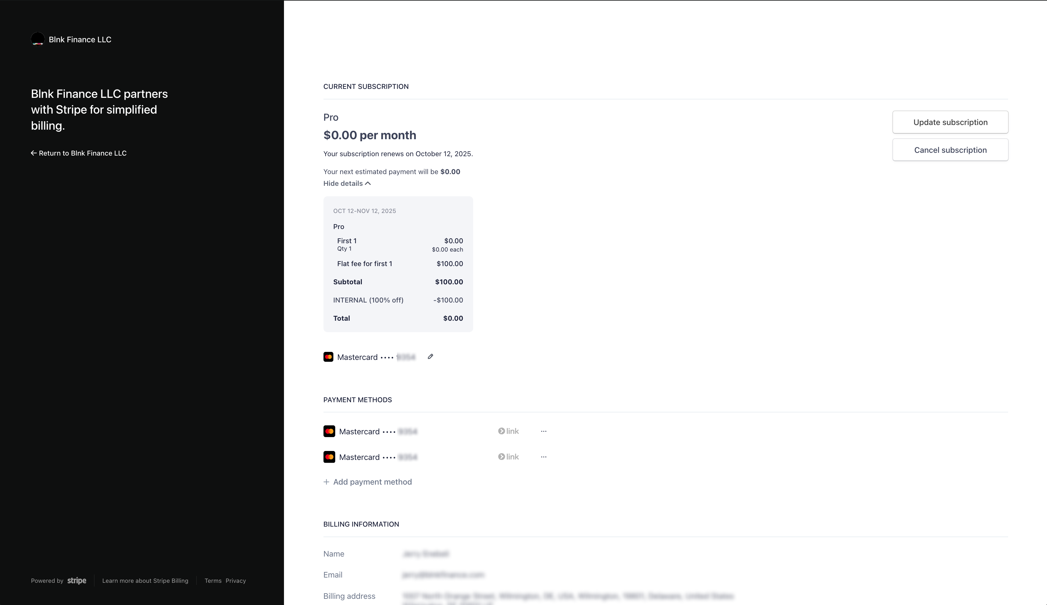 Billing management interface showing plan changes, payment info, and billing history