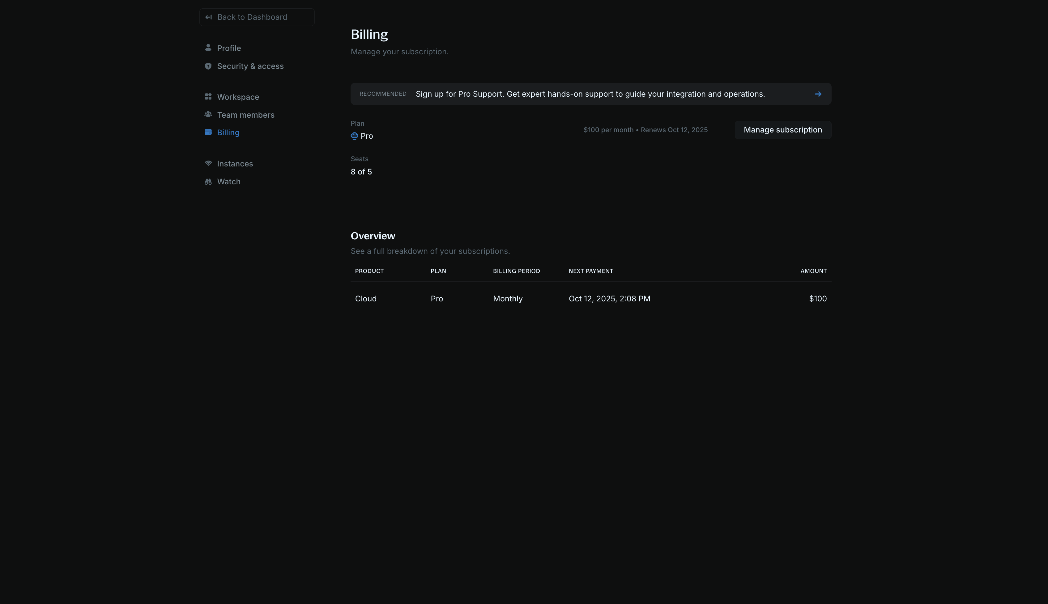 Billing page showing plan options and billing information