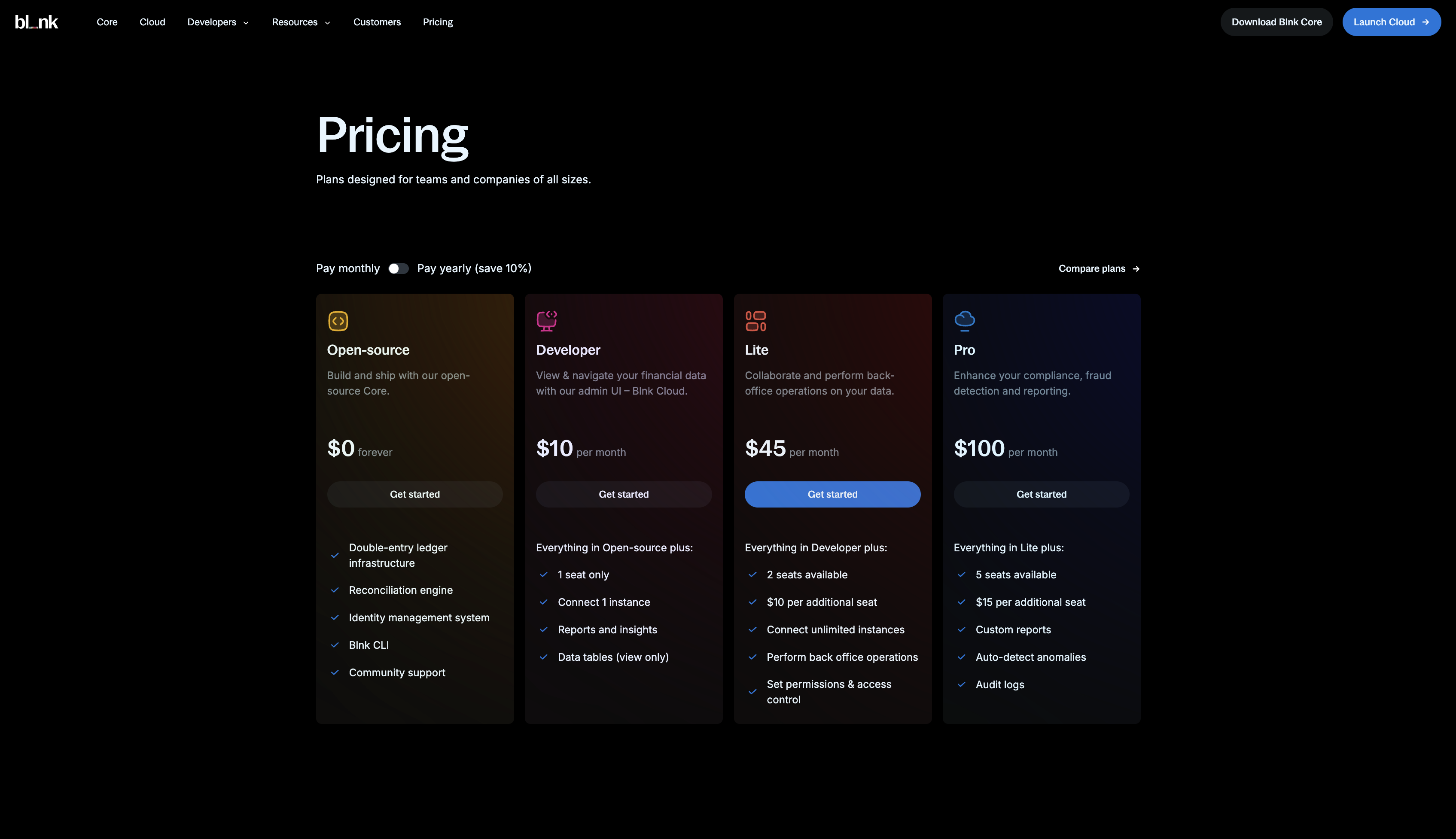 Visual comparison of the different plans: Developer, Lite, and Pro with features