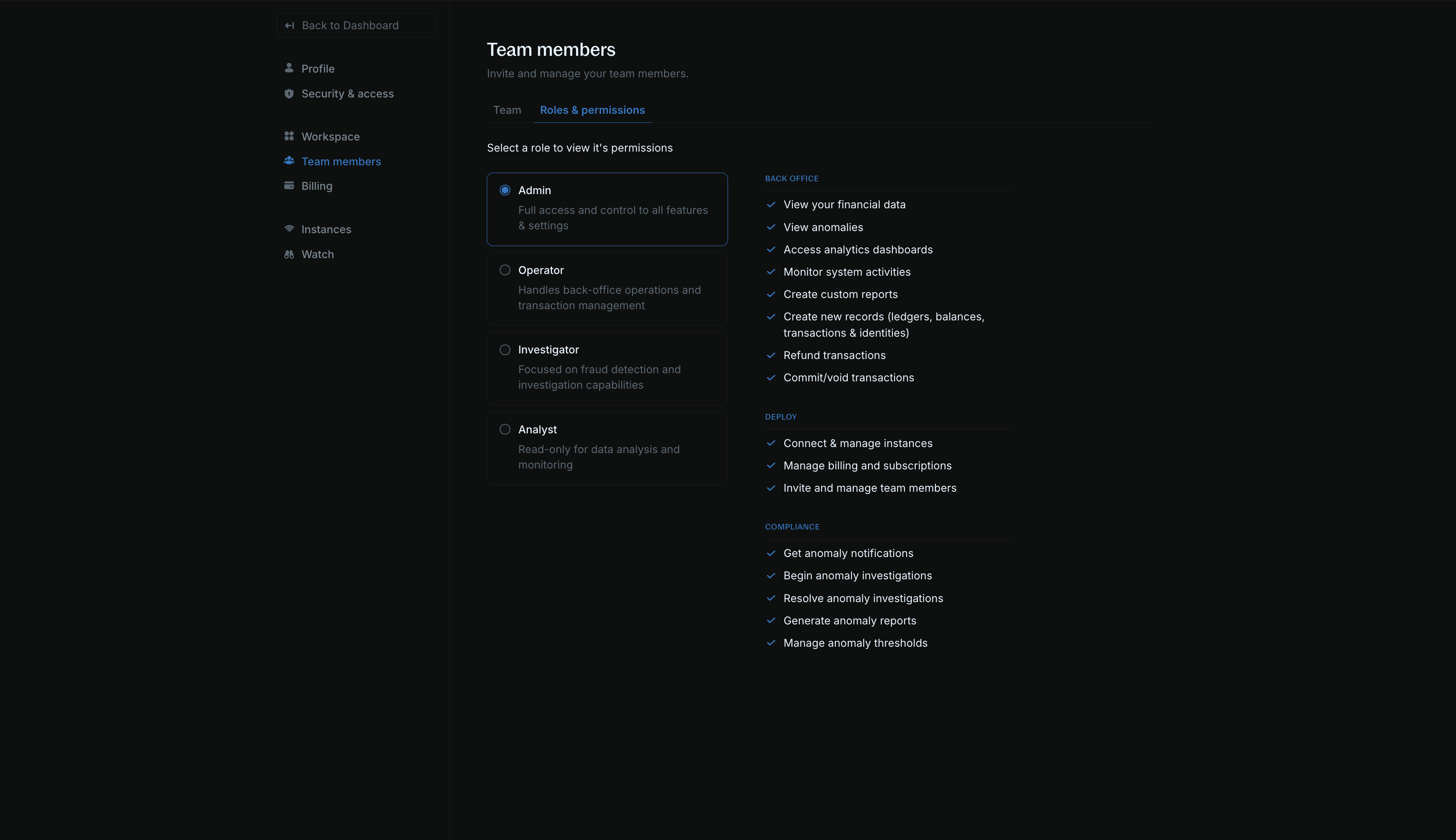 Overview of the 4 preset roles: admins, operators, investigators, and analysts with their permissions