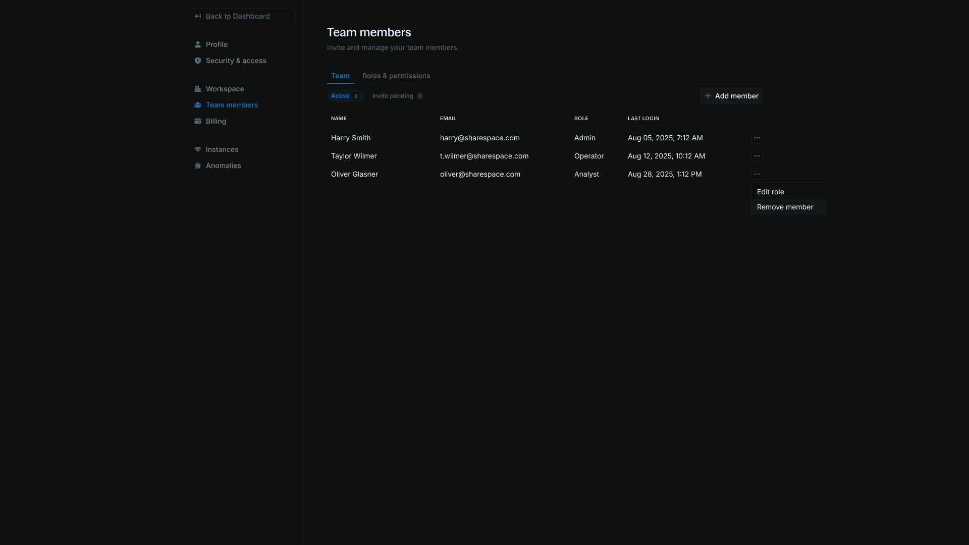 Team members page showing the Add member button