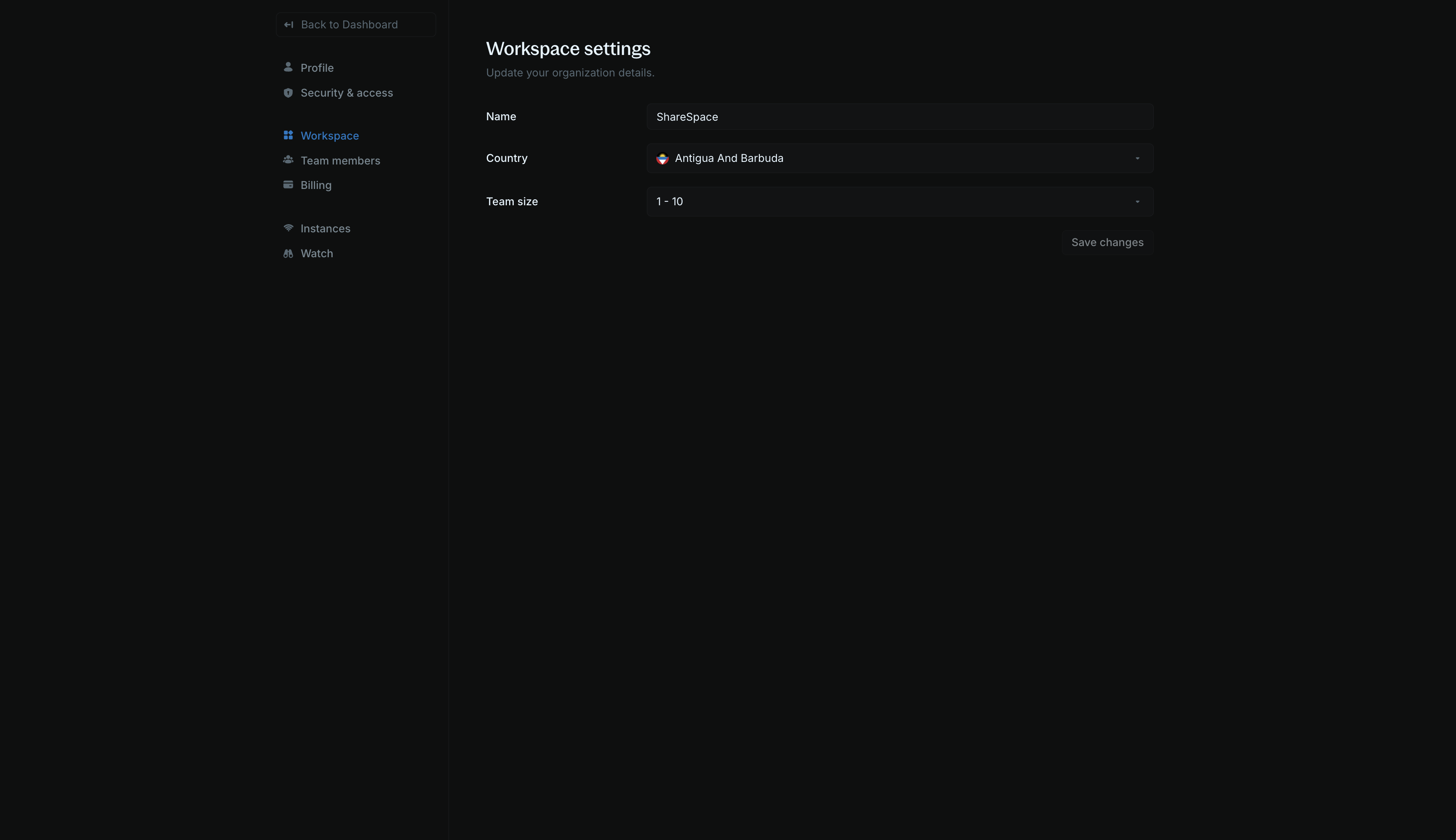 Workspace settings page showing organization name, team size, and country fields