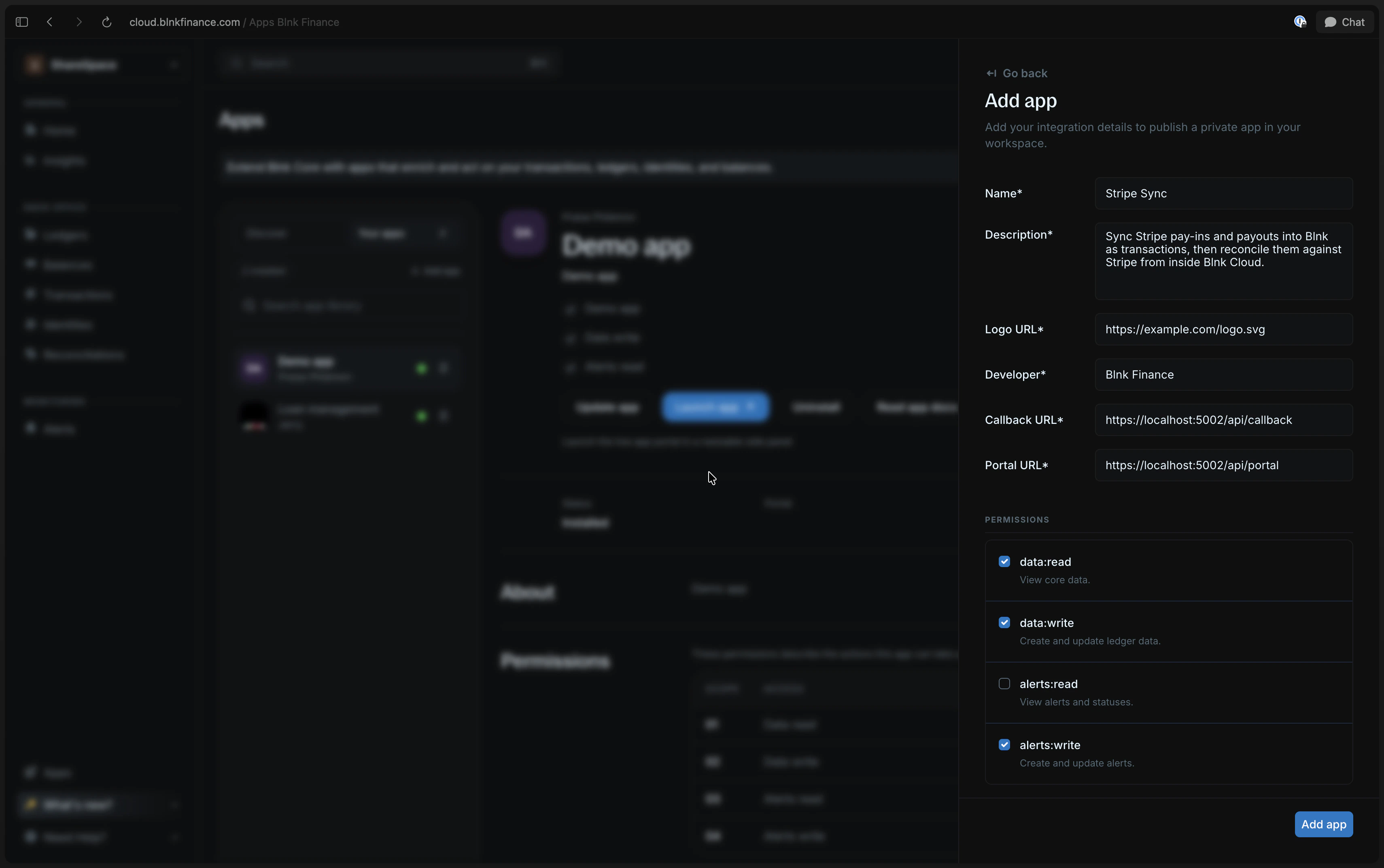 Example manifest for the KYC demo app showing display name, callback URL, portal URL, and permissions