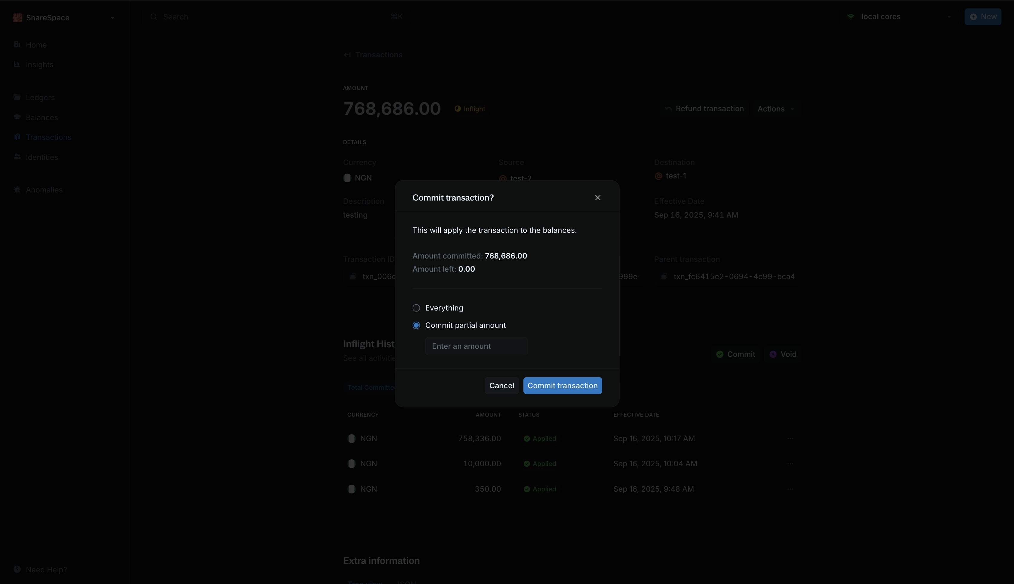 Commit transaction modal with amount field