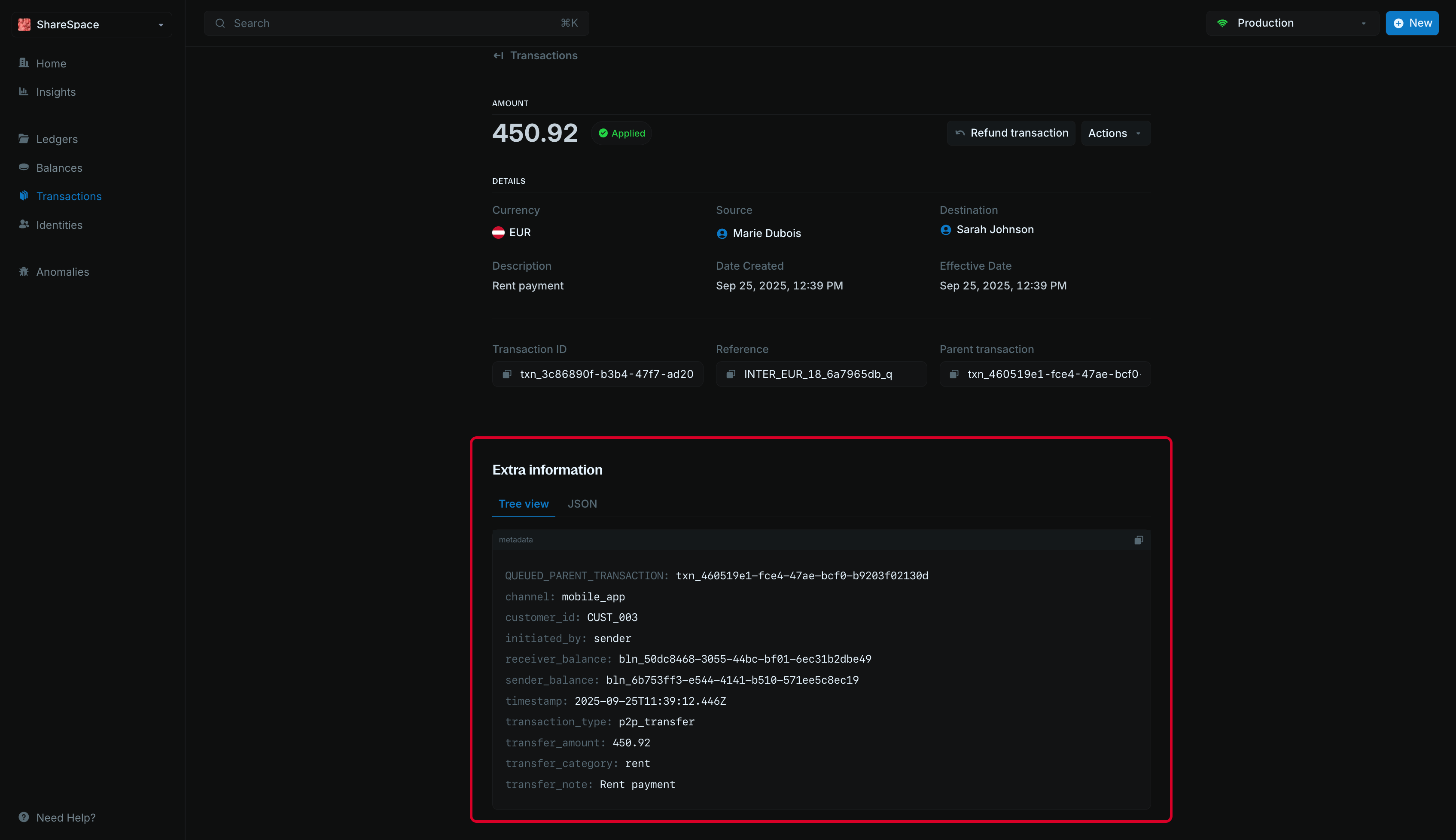 Extra information section with tree view and JSON