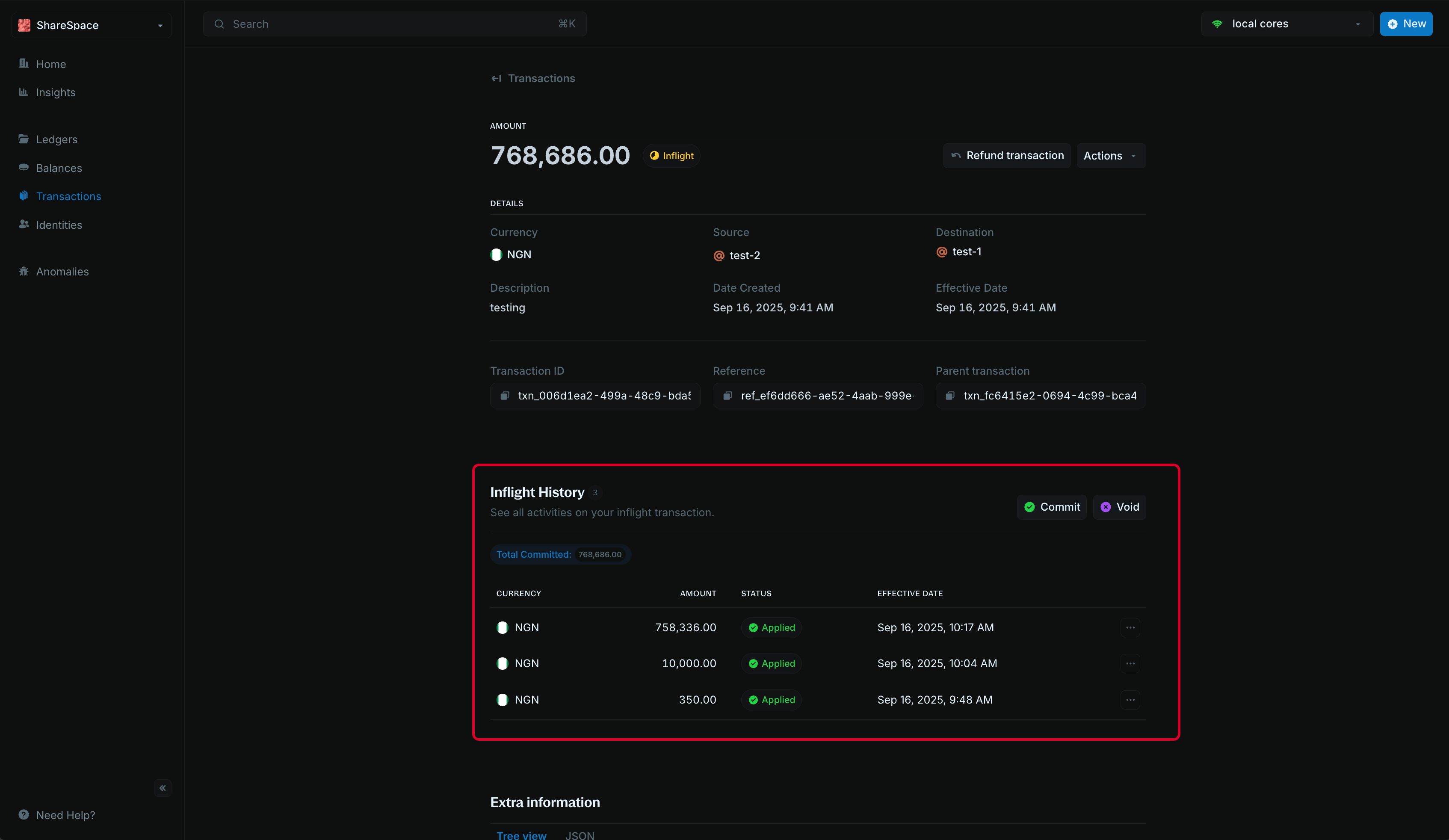 Inflight history section for inflight transactions