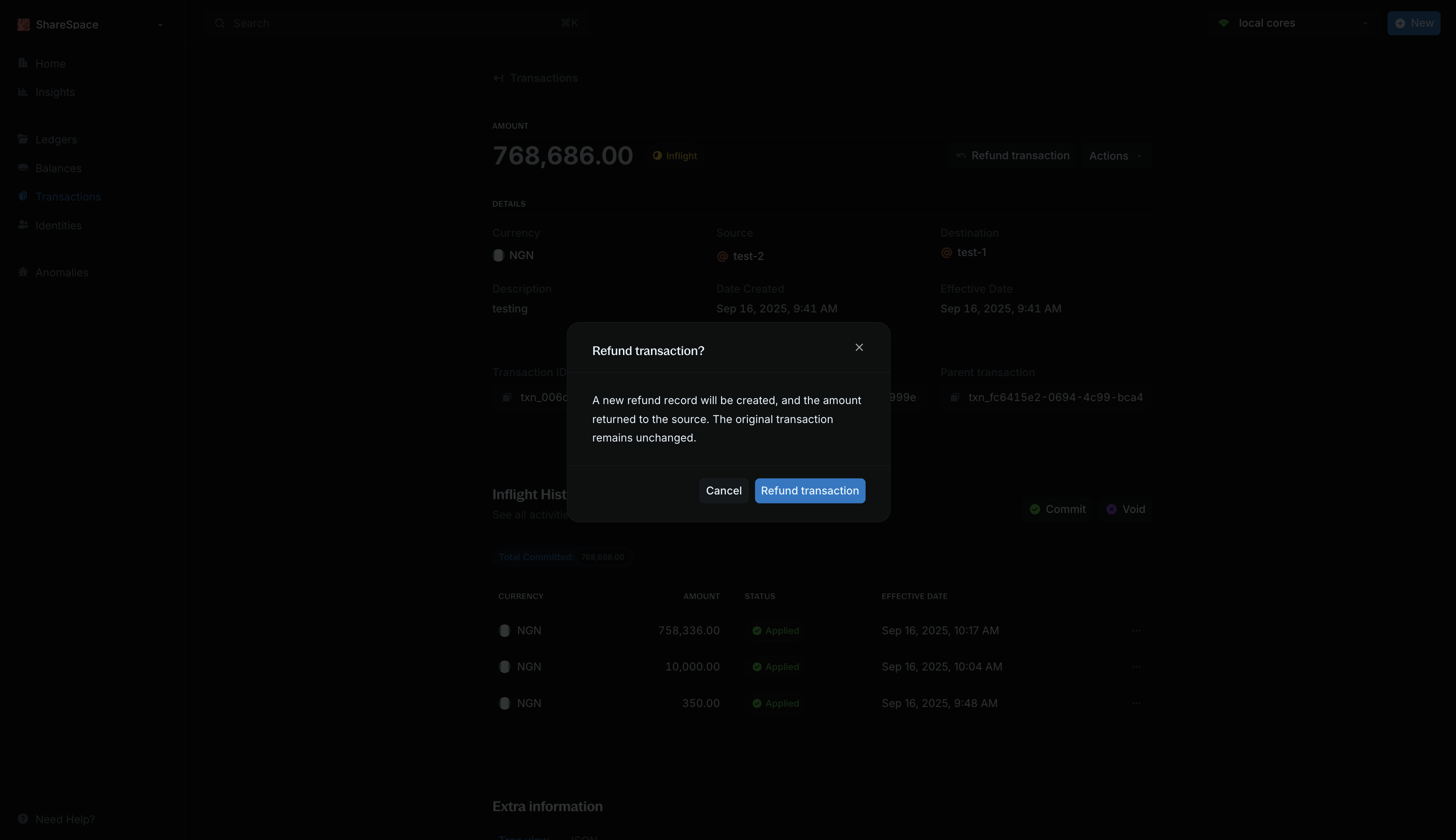 Refund transaction confirmation modal