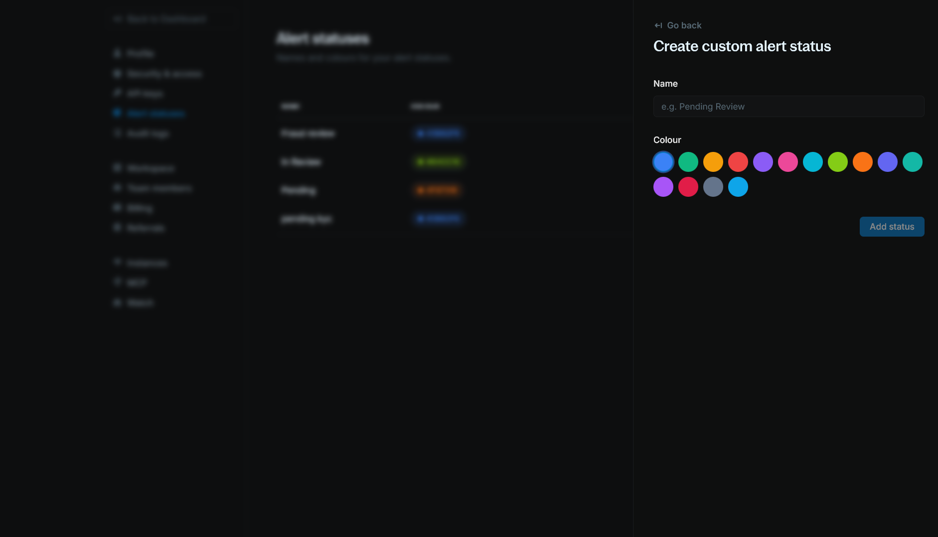 Add alert status form with name and colour fields