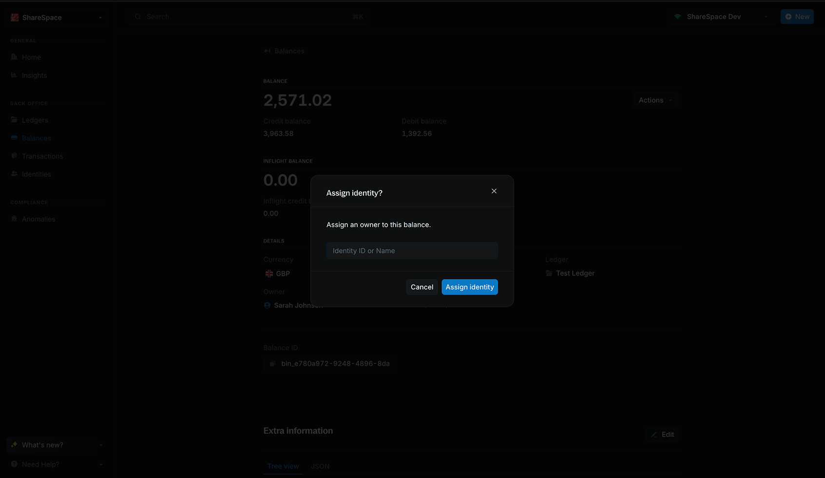 Assign identity modal showing name search and identity ID input options