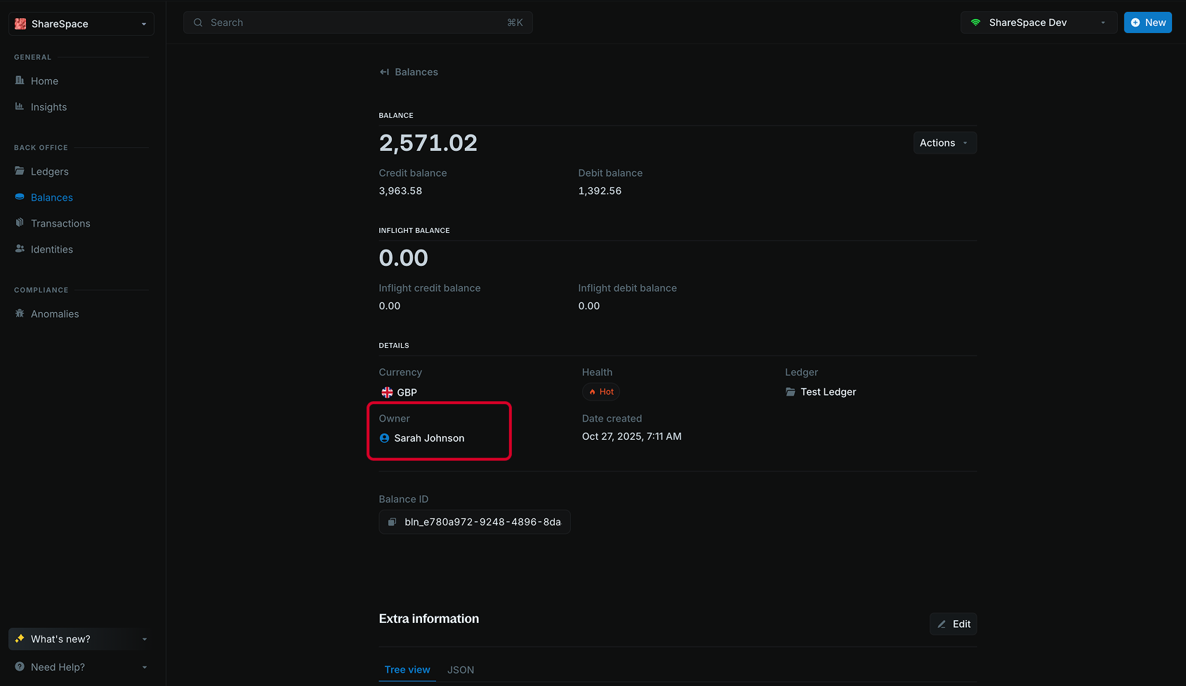 Overview of balance with linked identity information