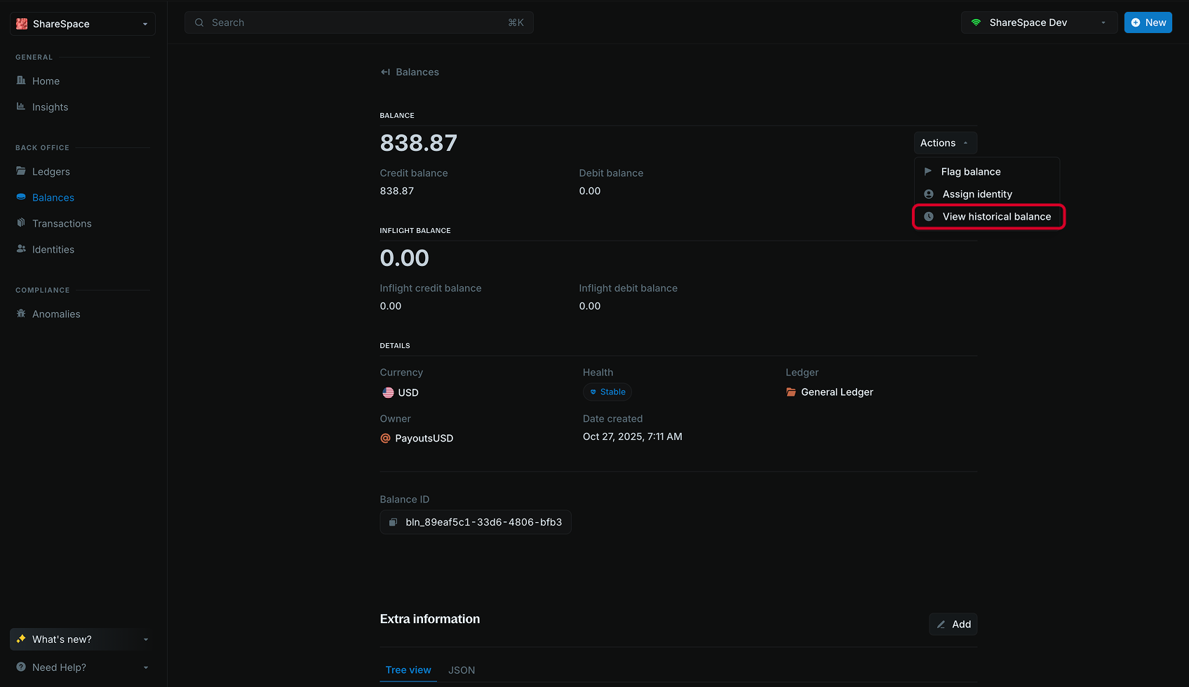 View historical balance action in the actions dropdown menu